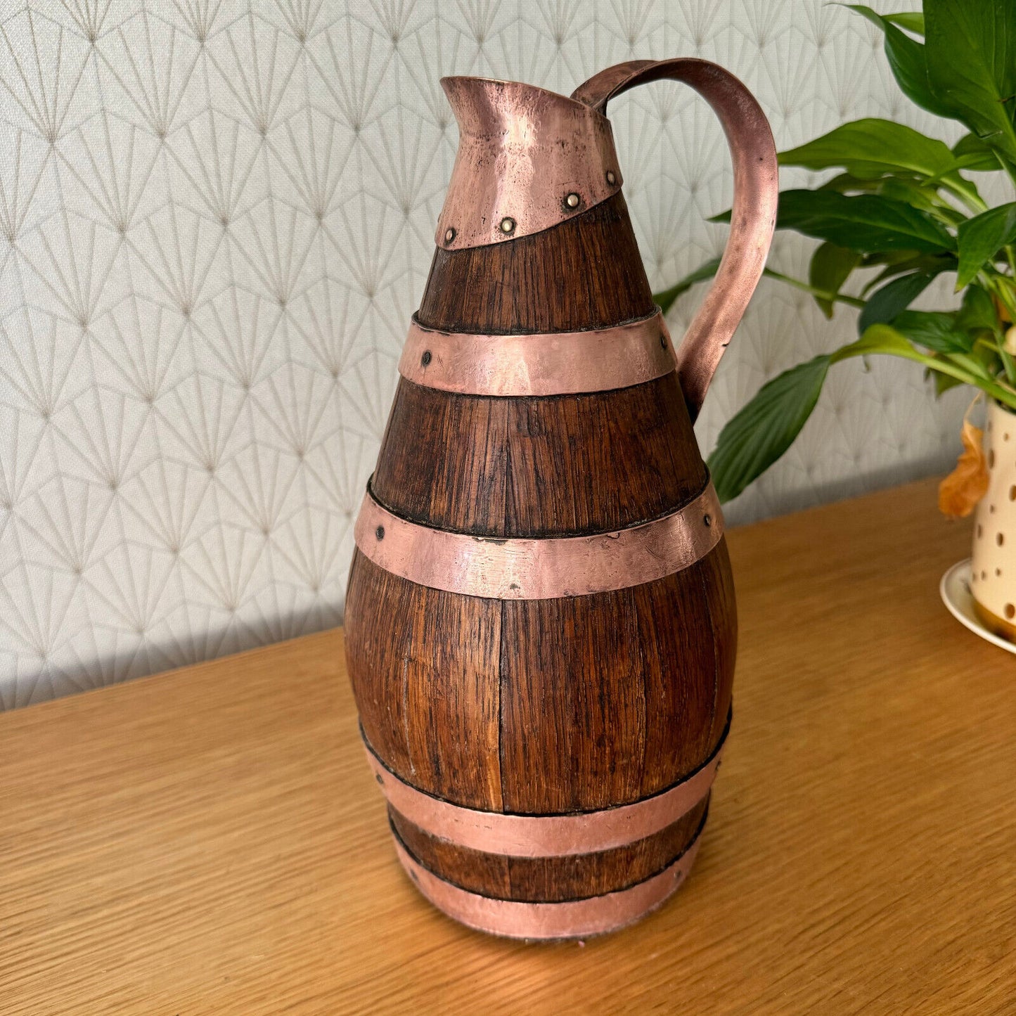 Vintage French Wooden Wine Cider Jug Pitcher Staved Wood Metal 11 1/2" 19062411 Fleamarketfrance