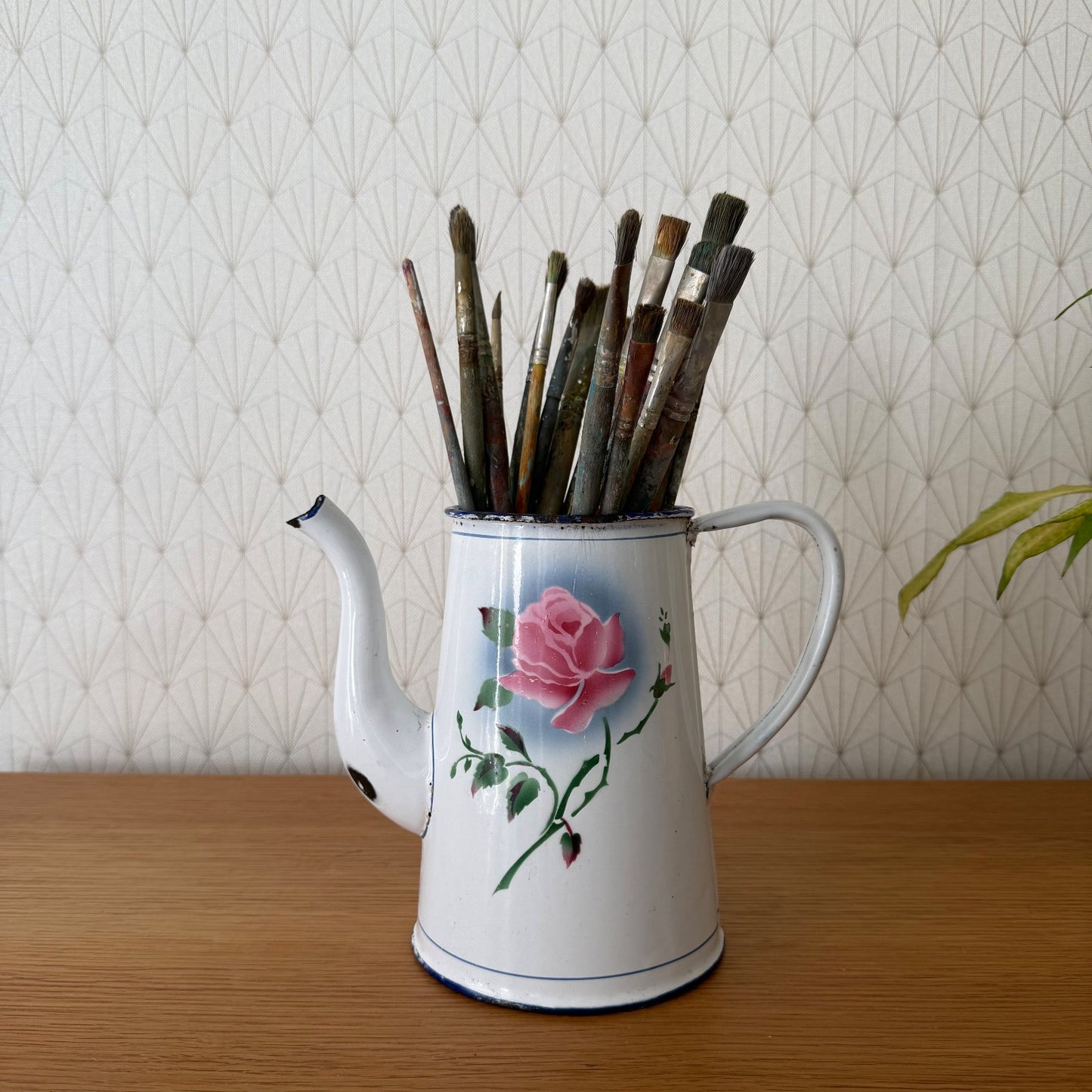 Vintage French Enamel Coffee Pot Rose Decor White Blue Trim 0708267 Fleamarketfrance