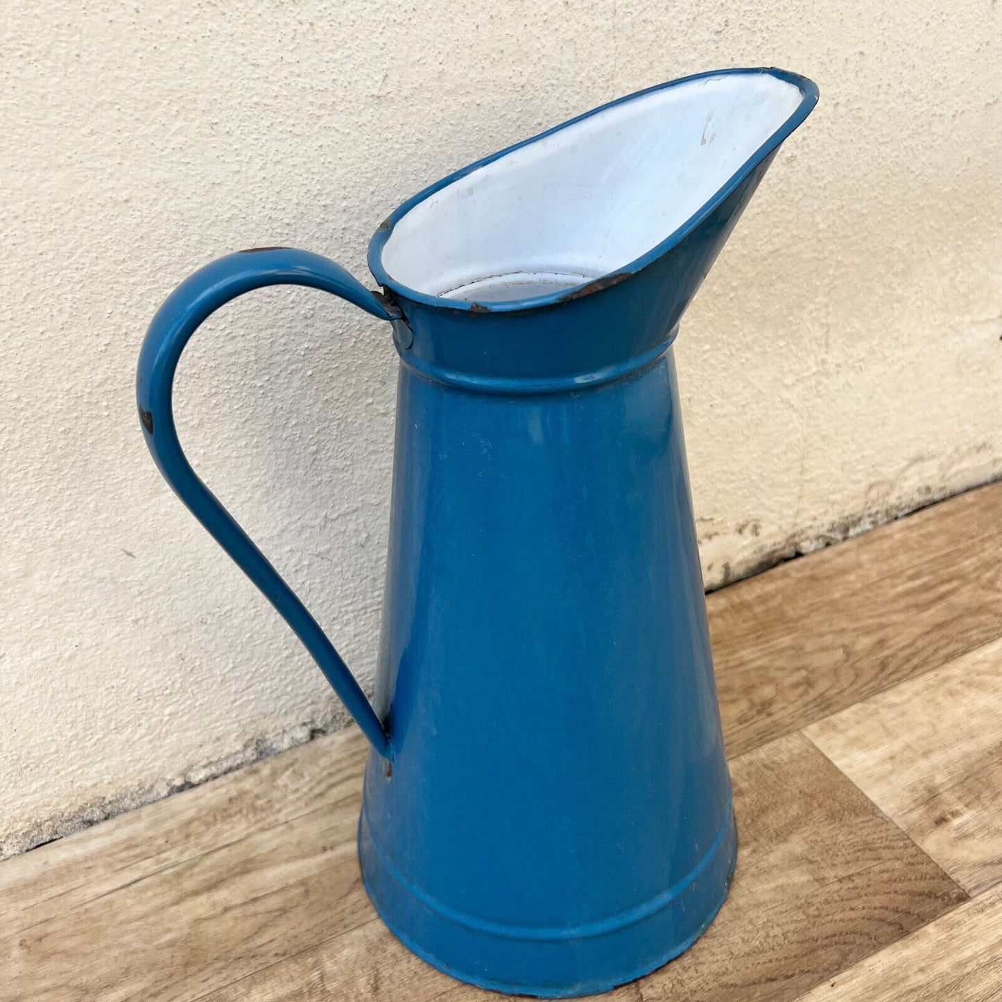 Vintage French Enamel pitcher jug water enameled blue 1512246 Fleamarketfrance