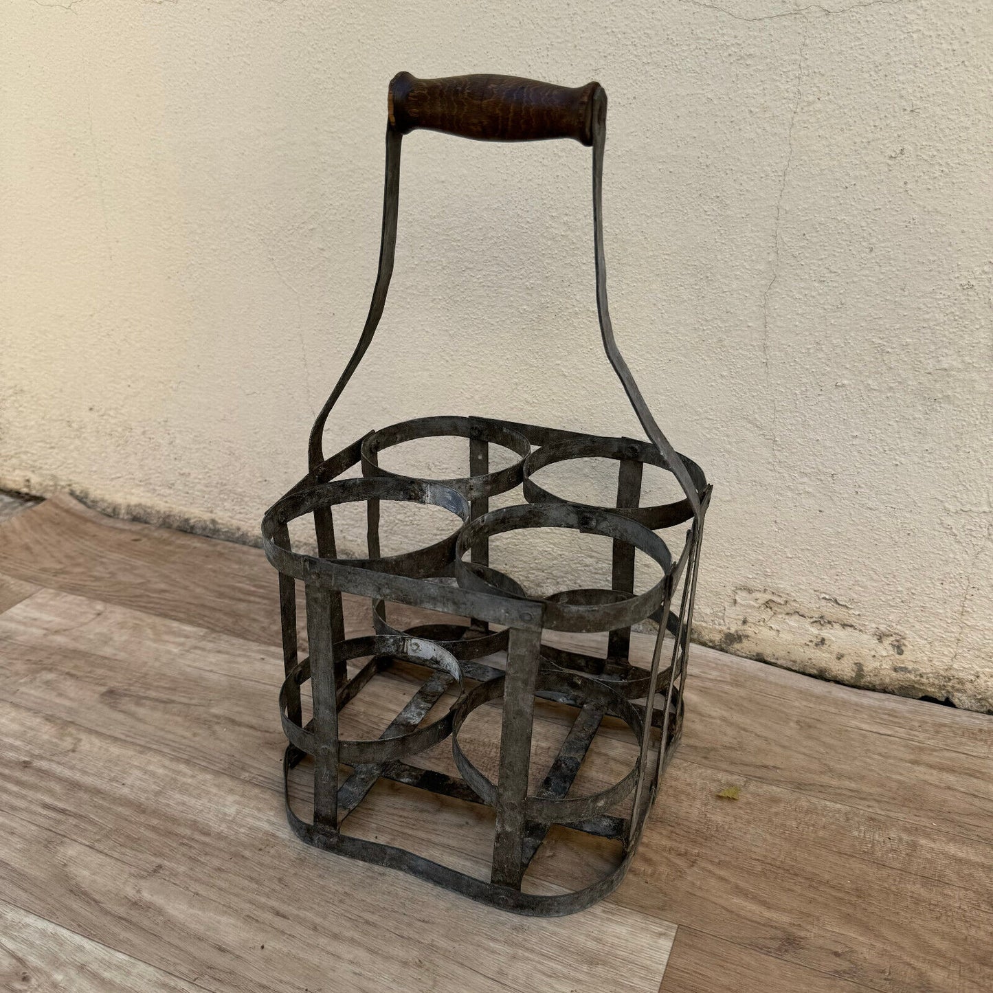 ANTIQUE VINTAGE FRENCH Handmade Metal 4 zinc Bottle Wine Carrier Basket 03092413 french