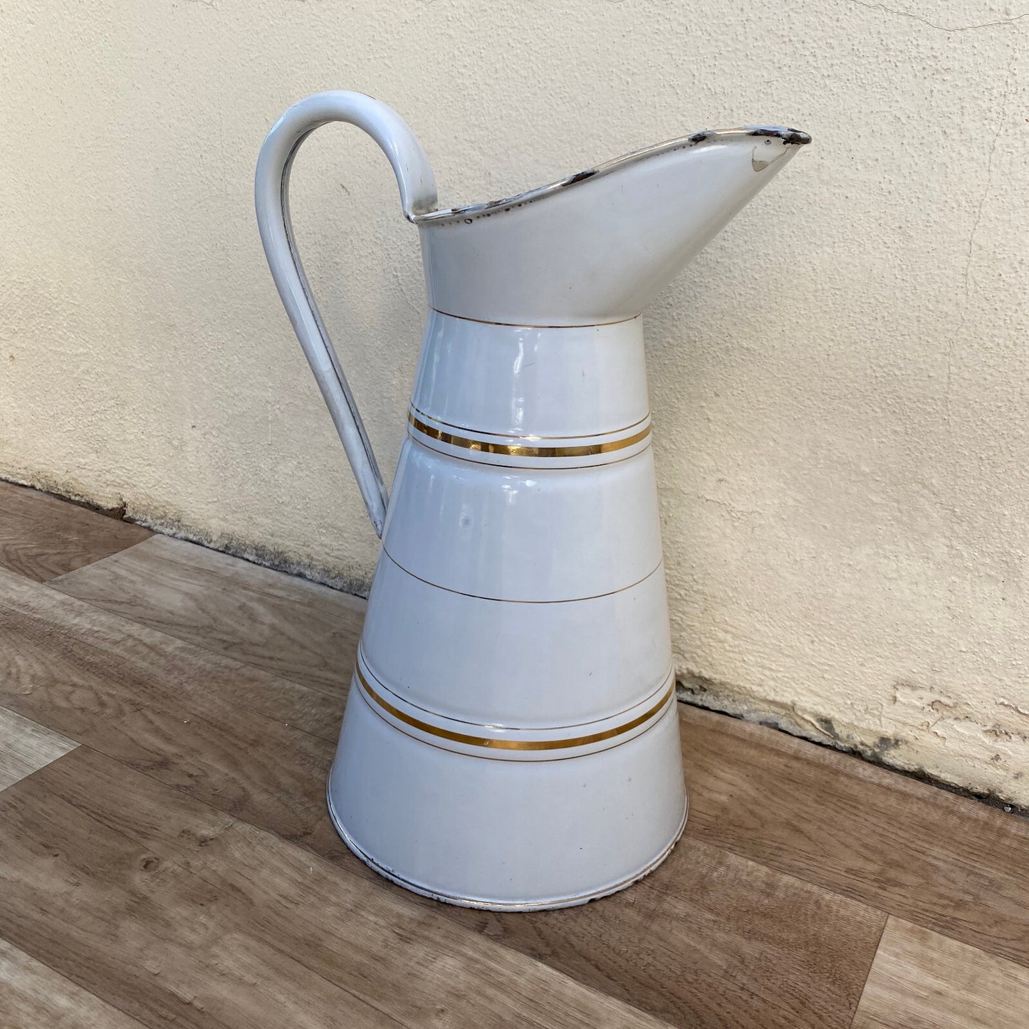 Vintage French Enamel Pitcher Jug Water Enameled White and Gold 2903253