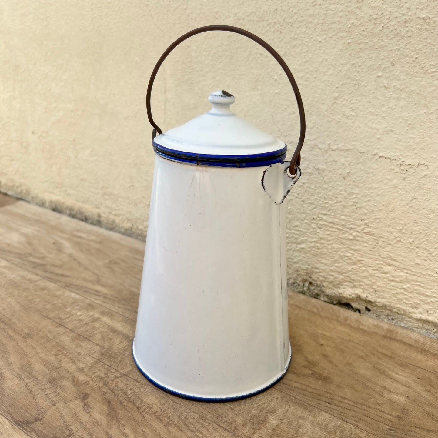 Vintage French Enamelware Coffee Pot White Blue Rim Wire Handle 3009223 Fleamarketfrance