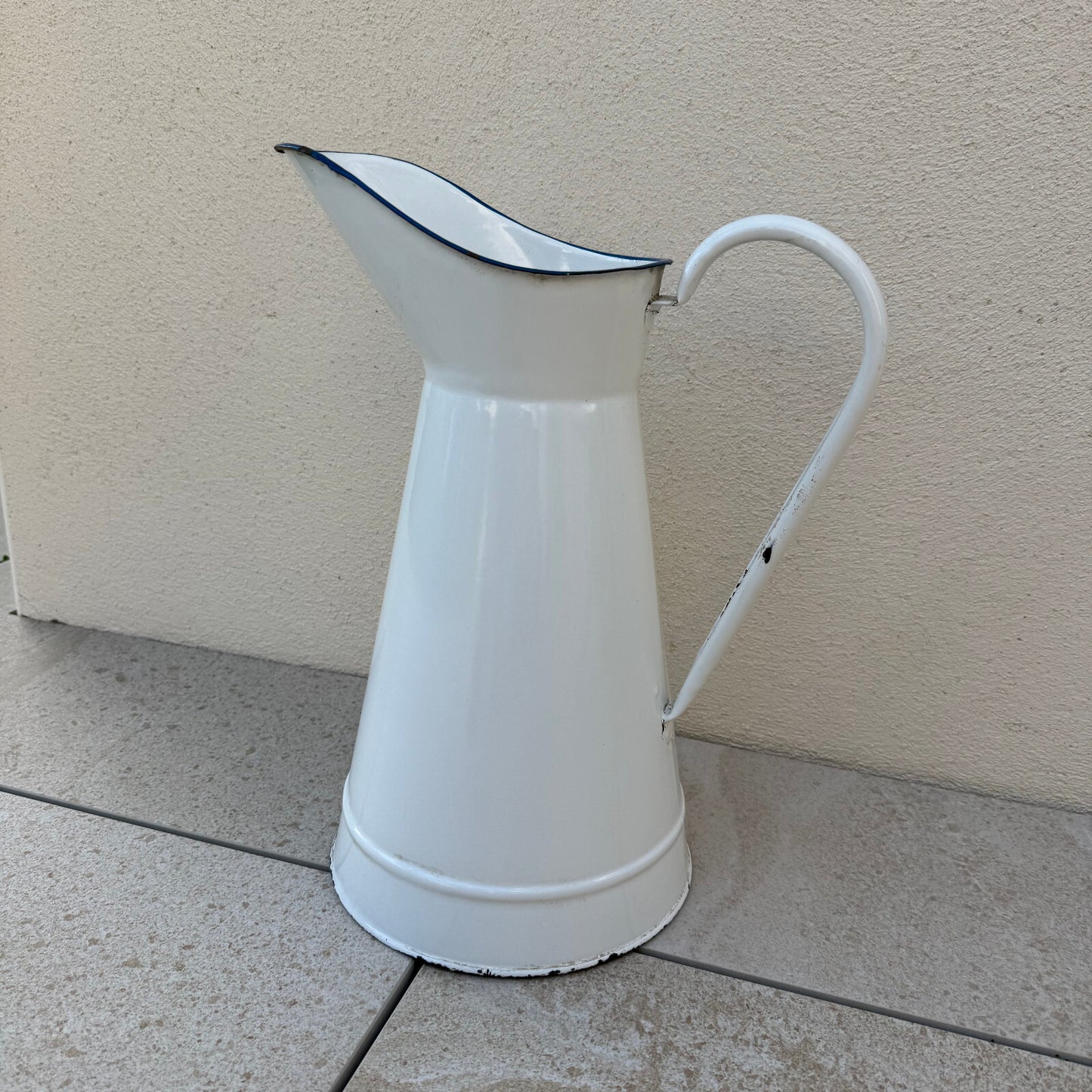 French Enamelware Pitcher White Blue Rim Vintage Water Jug 37cm 2205259 Fleamarketfrance