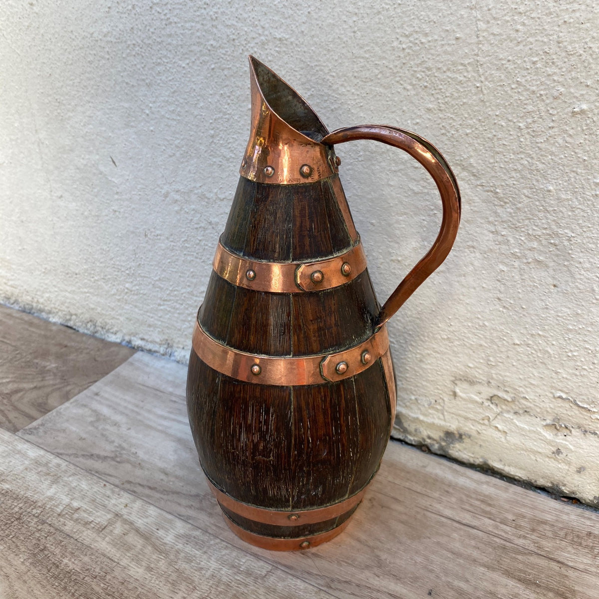 Antique French Oak Staved Wood Wine Pitcher Copper Bands Cider Jug 07072611 Fleamarketfrance