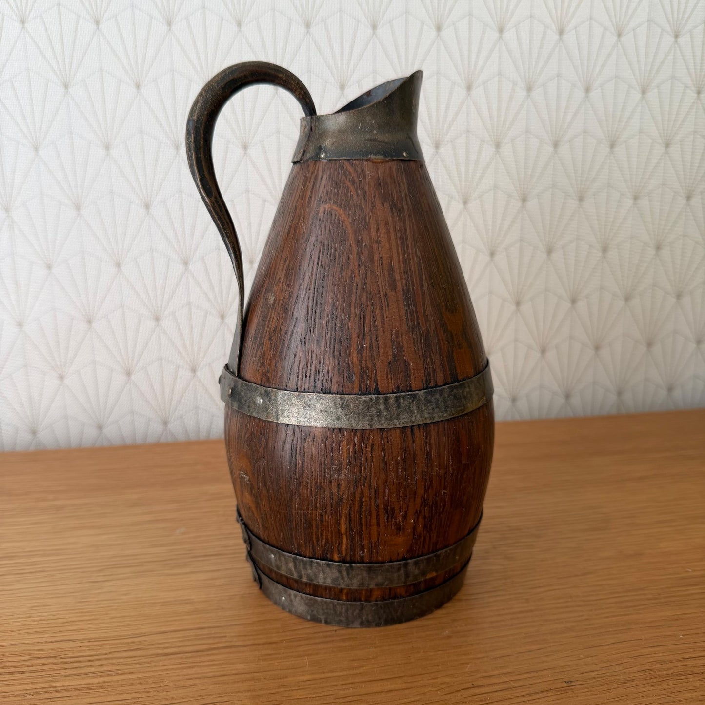 Antique French Wooden Wine Pitcher Metal Banded Staved Construction 0405262 Fleamarketfrance