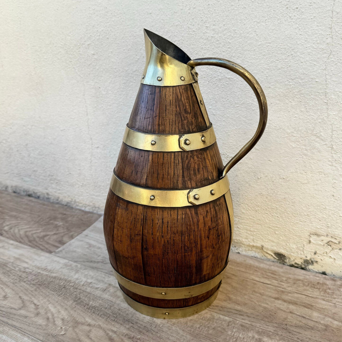 Vintage French Wooden Wine Cider Jug Pitcher Staved Wood Metal 11 3/4" 0405245 Fleamarketfrance