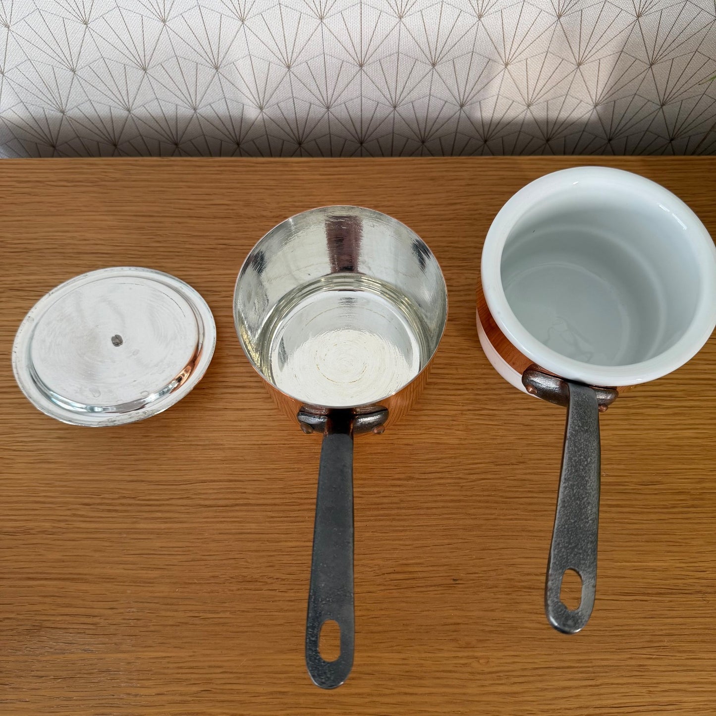 Complete French copper bain marie set with three vessels including lid, insert, and lower pot
