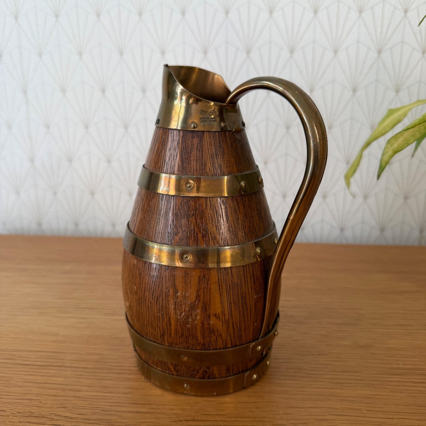 Antique French Oak Brass Wine Pitcher Staved Wood Cider Jug 1407261 Fleamarketfrance