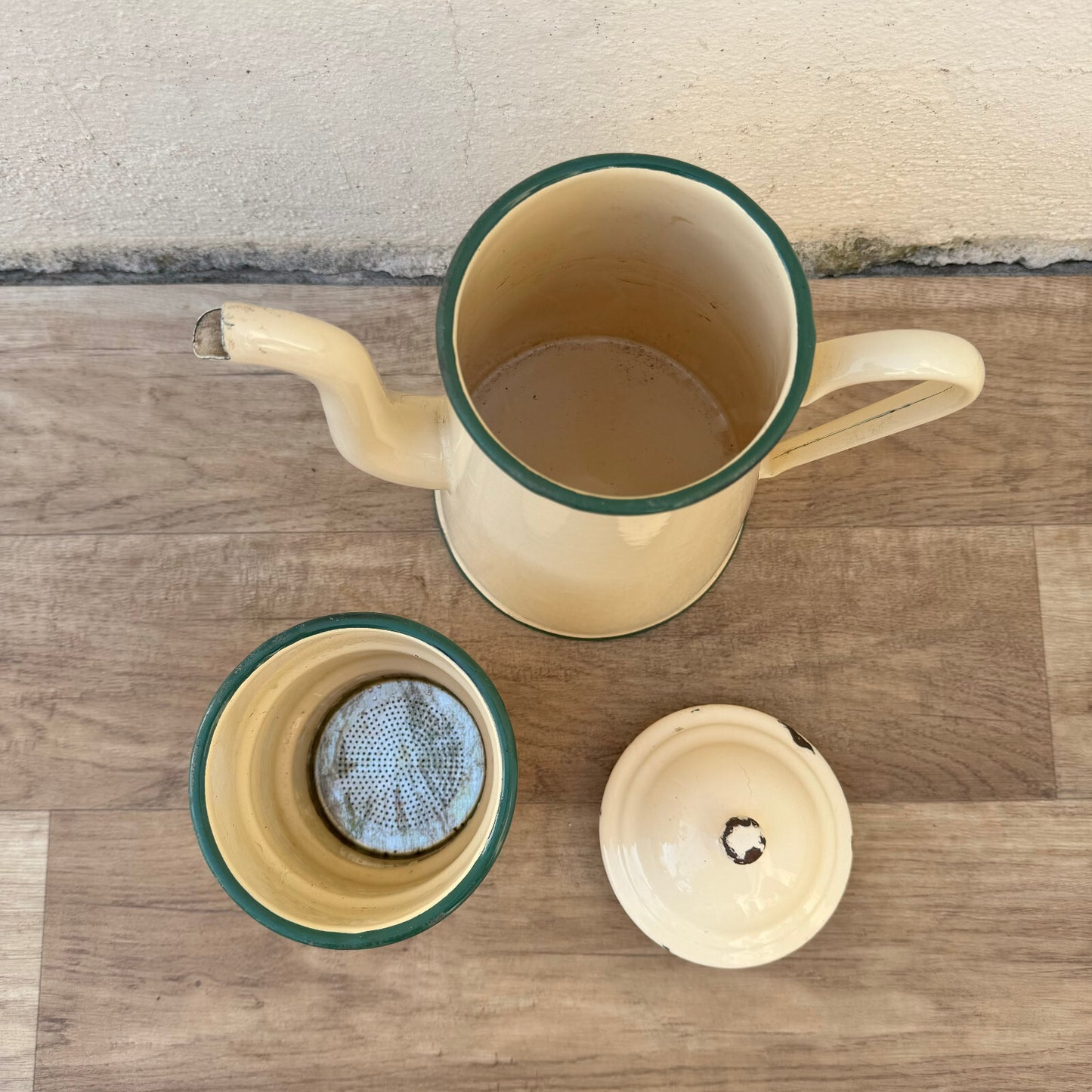Vintage French Enamel Coffee Pot Beige Green Trim Enamelware Kitchen 0602249 Fleamarketfrance