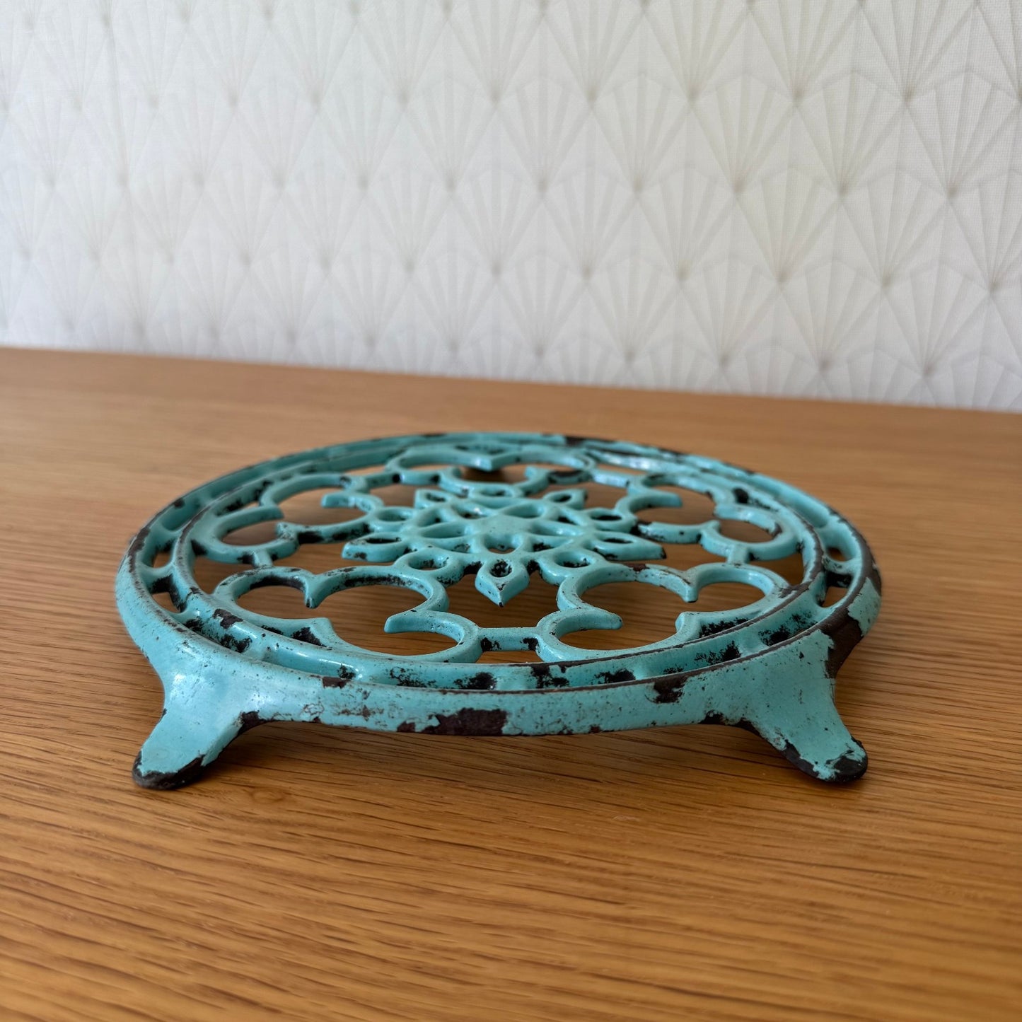 Antique vintage french Cast iron kitchen Trivet france blue turquoise 2307254