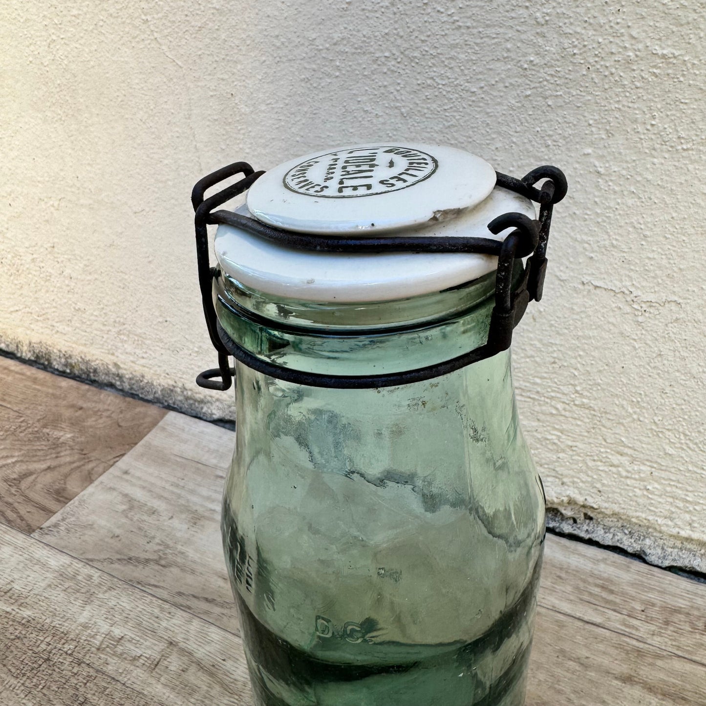 L'Ideal French Canning Jar Vintage Green Glass Porcelain Lid 9" 18102310 Fleamarketfrance