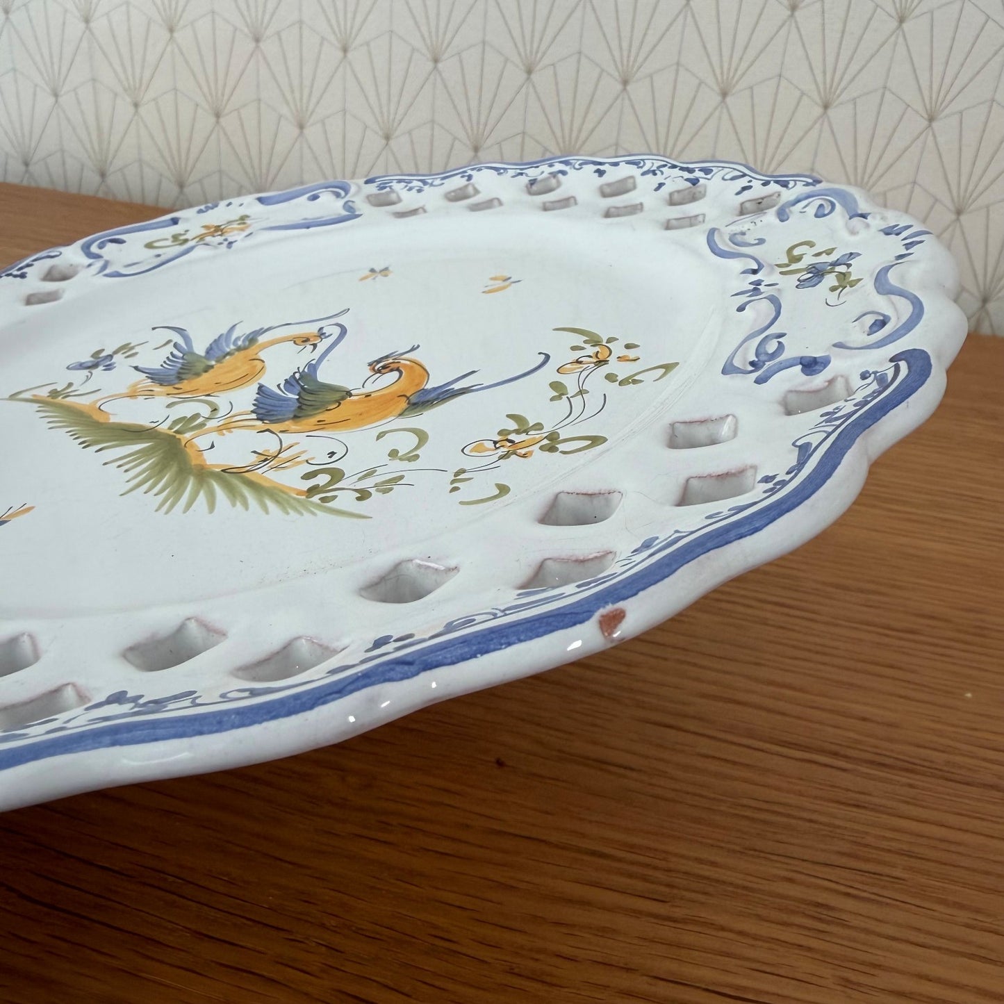 French Moustiers Faience Plate Hand Painted Reticulated Birds 04092626