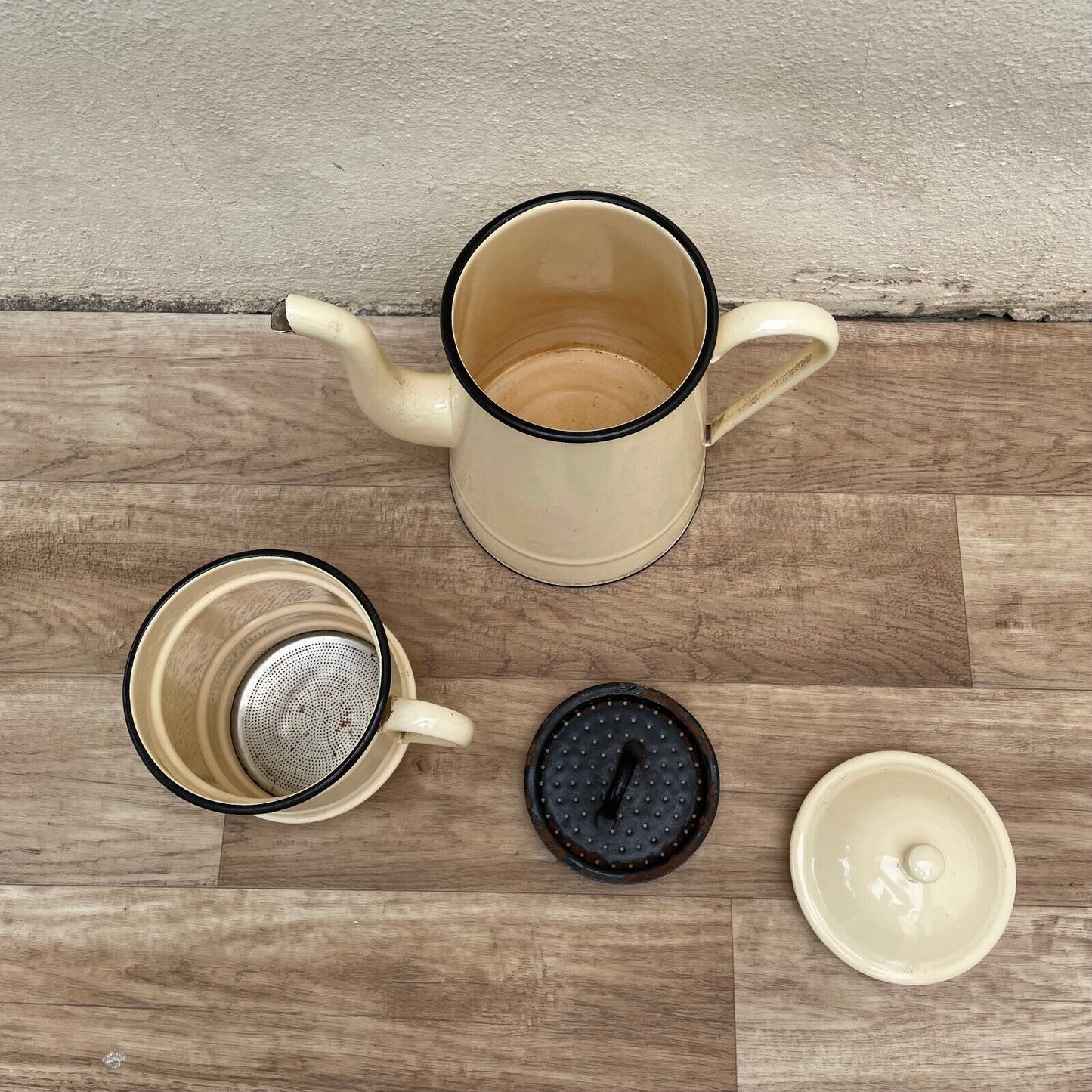 TALL Vintage French Enamelware Enameled Beige Enamel Coffee Pot 18032510