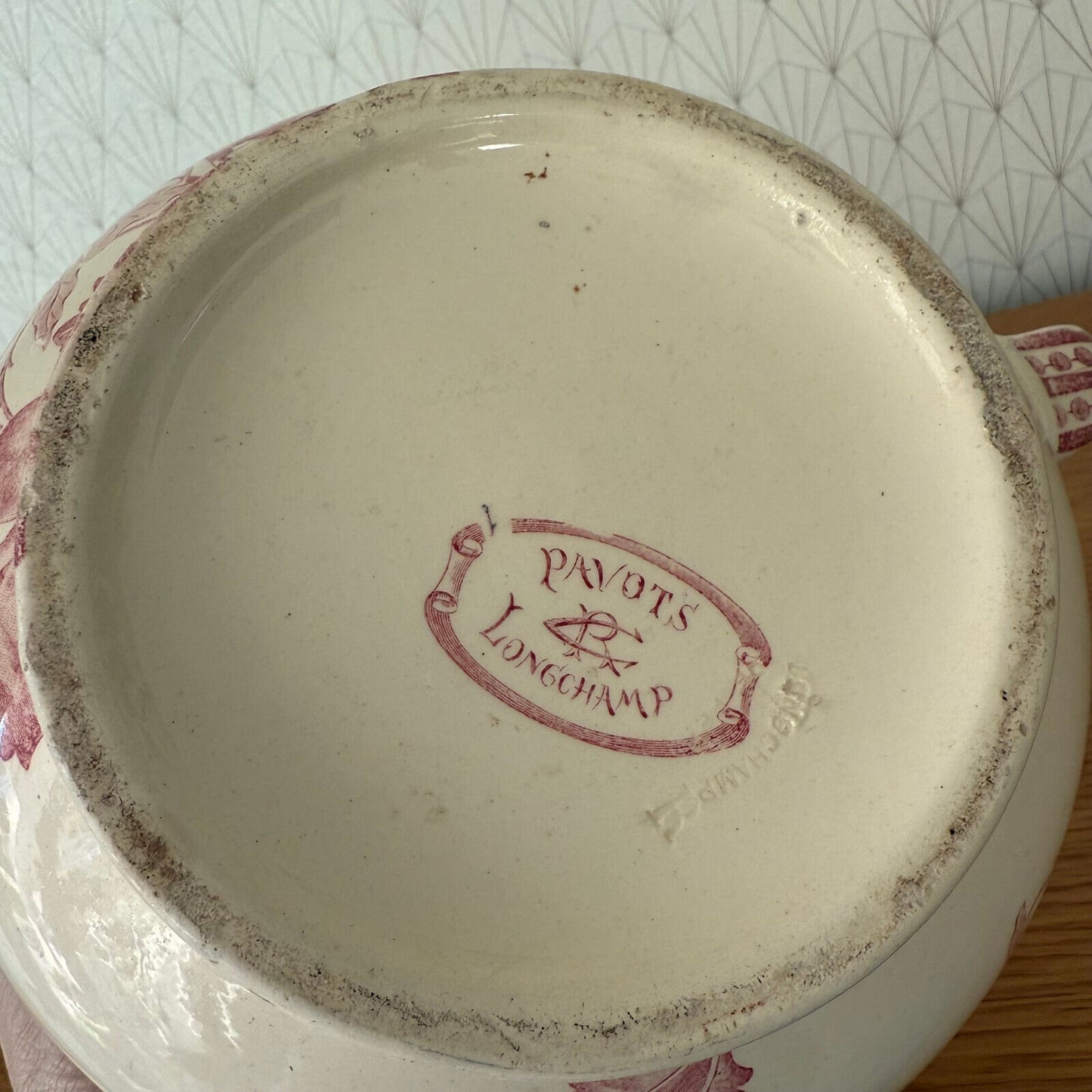 HANDMADE GLAZED WHITE PINK VINTAGE FRENCH PITCHER TERRACOTTA LONGCHAMP 0911248 Unmarked