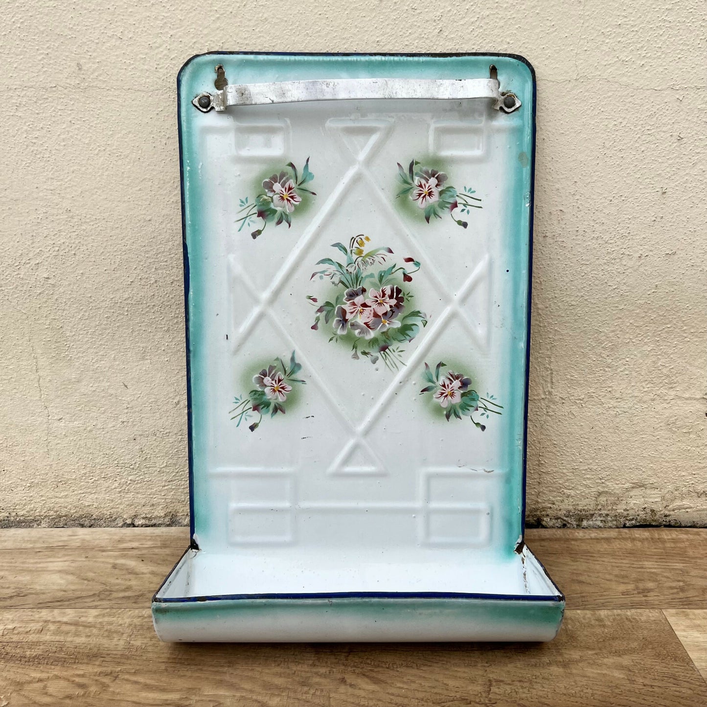 French Enamel Utensil Rack Wall Mount Floral Blue Green Vintage 23042232 Unbranded