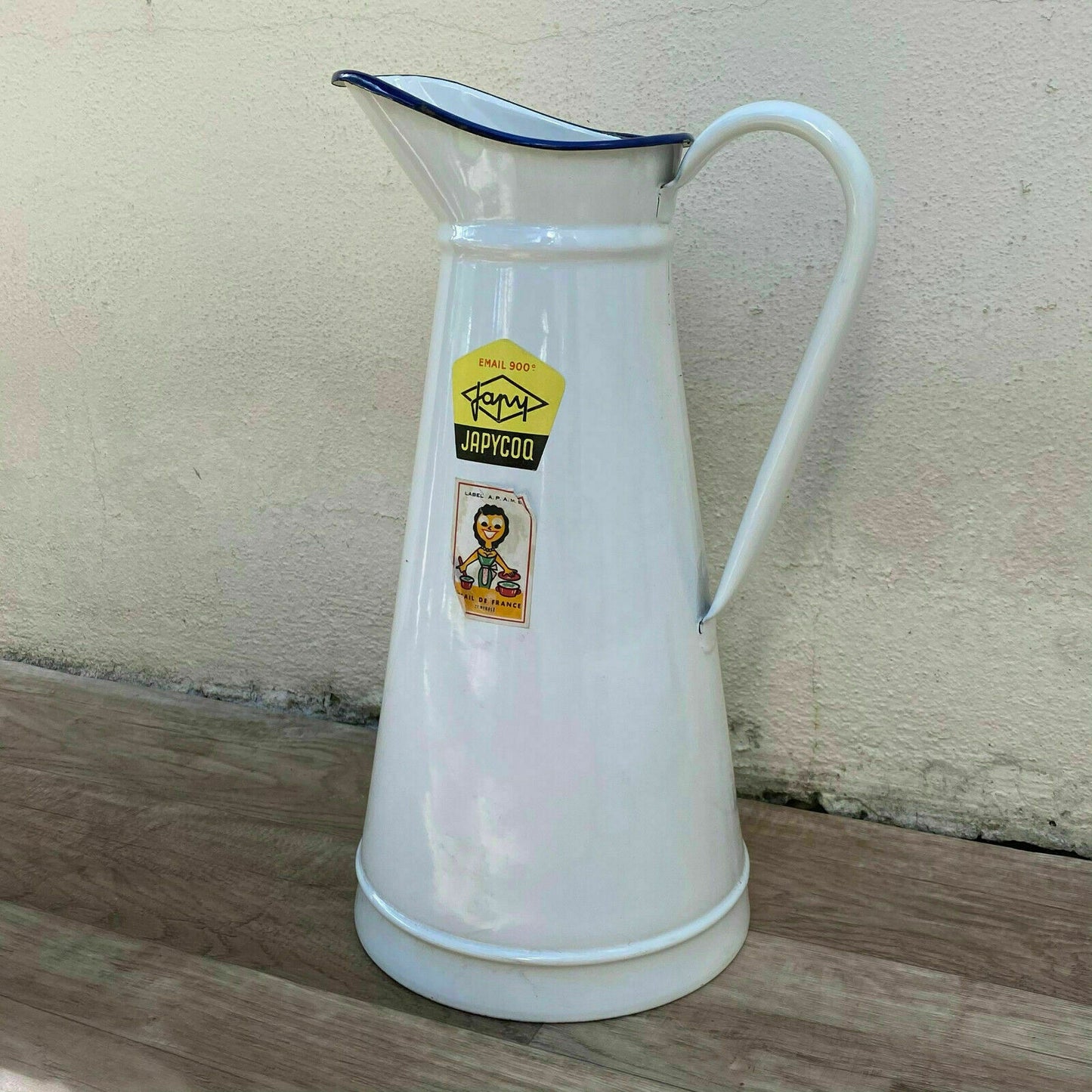Vintage French Enamel Pitcher White Blue Rim JAPY Water Jug NWT 2808211 JAPY
