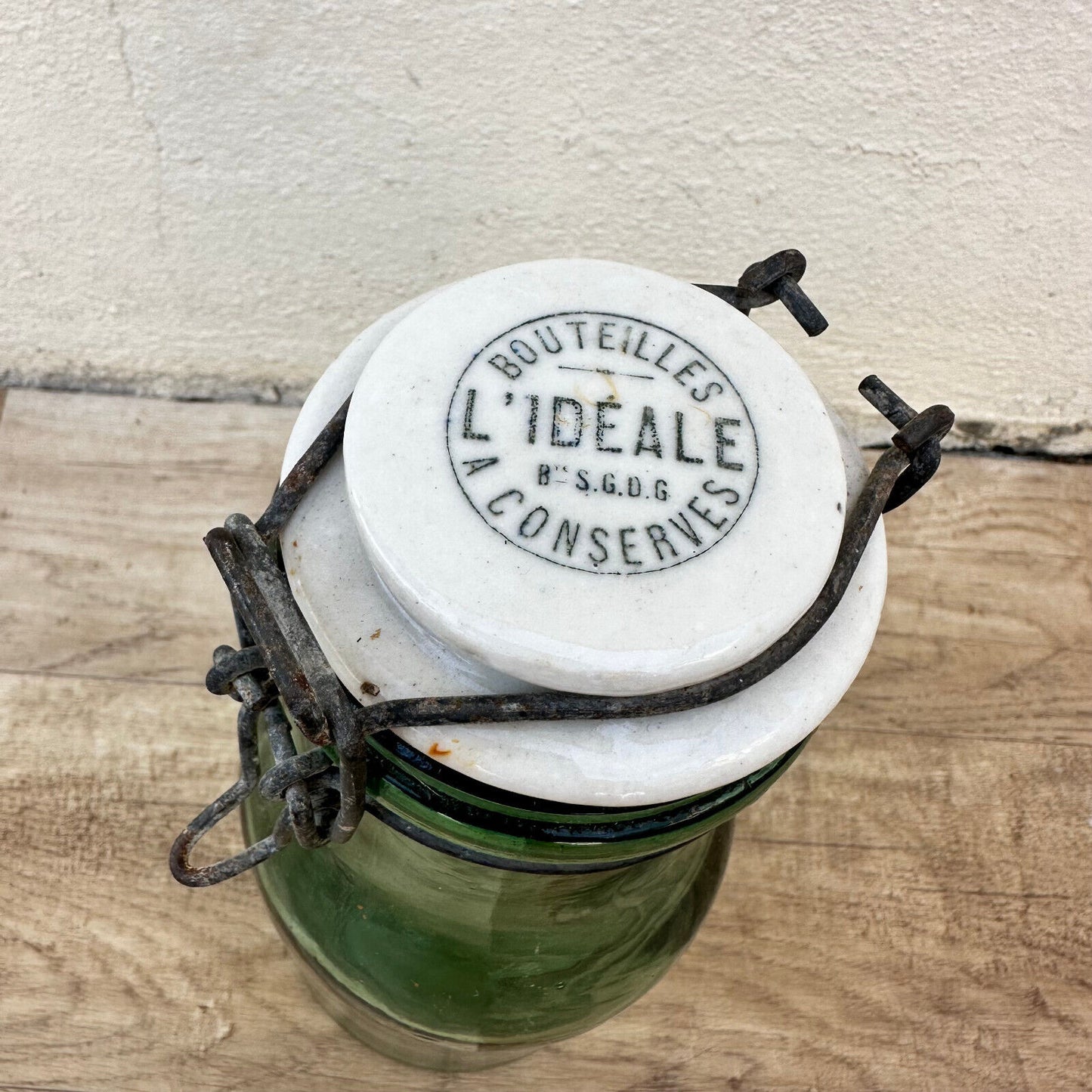 Old bottle preserve l'ideal jar glass porcelain stopper 10 1/4" 27112315 Fleamarketfrance