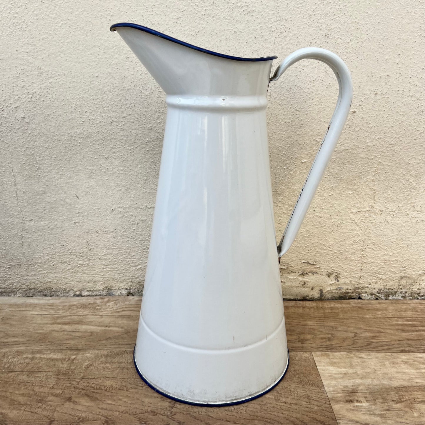 French Enamel Pitcher White Blue Rim Water Jug Antique 37cm 1512245 Fleamarketfrance
