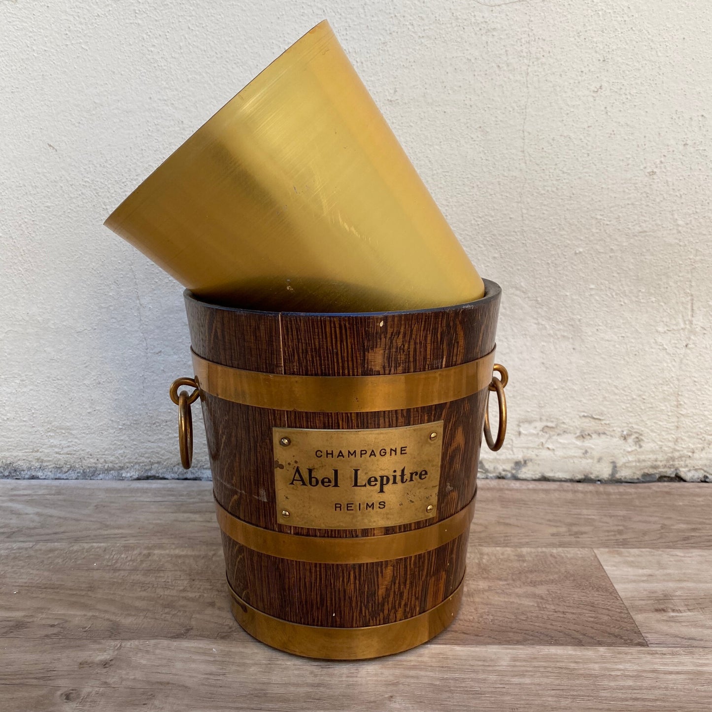 Vintage French Champagne Ice Bucket Cooler Made France WOOD BRASS 2903254