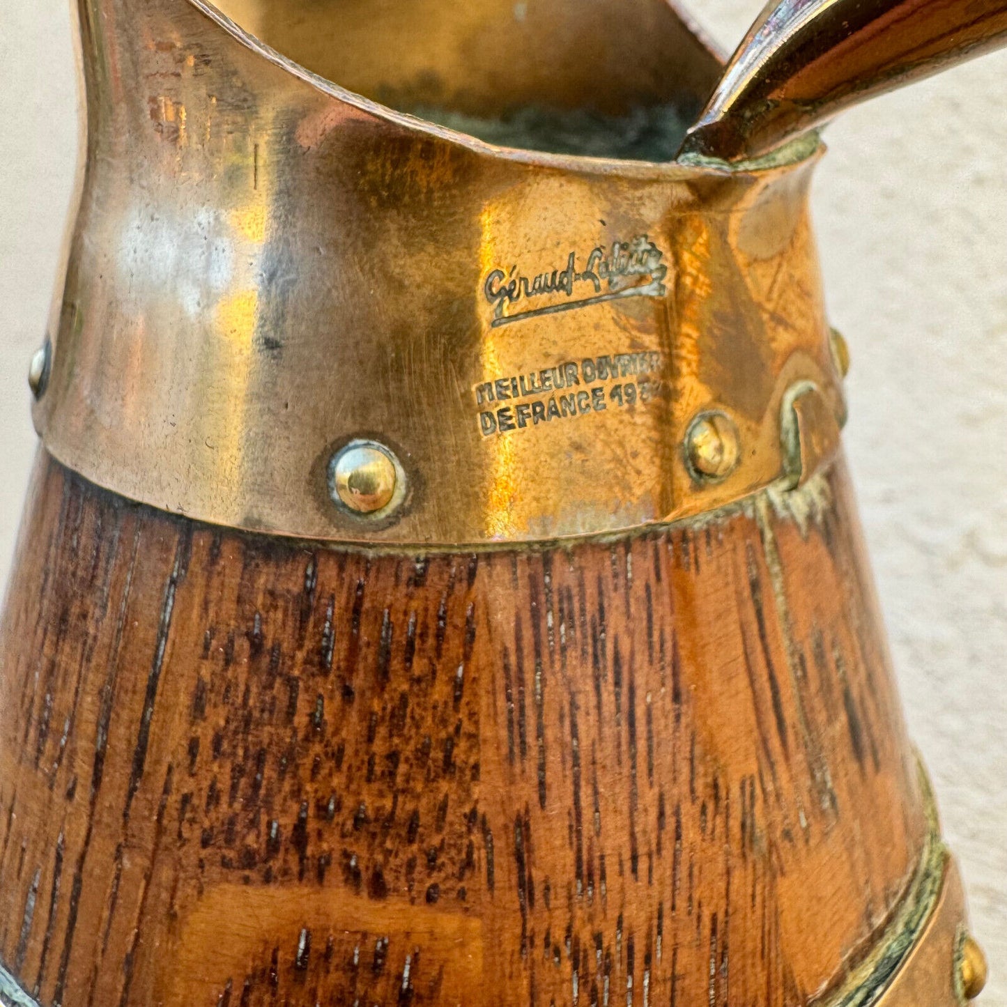 Vintage French Wooden Wine Cider Jug Pitcher Staved Wood Metal 9 1/2" 0405246 Fleamarketfrance