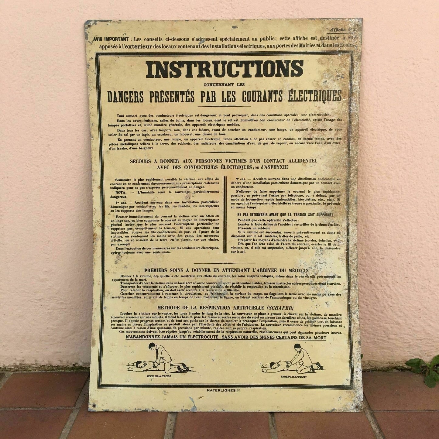 Vintage French Metal Electrical Safety Sign Industrial Warning Instructions Fleamarketfrance