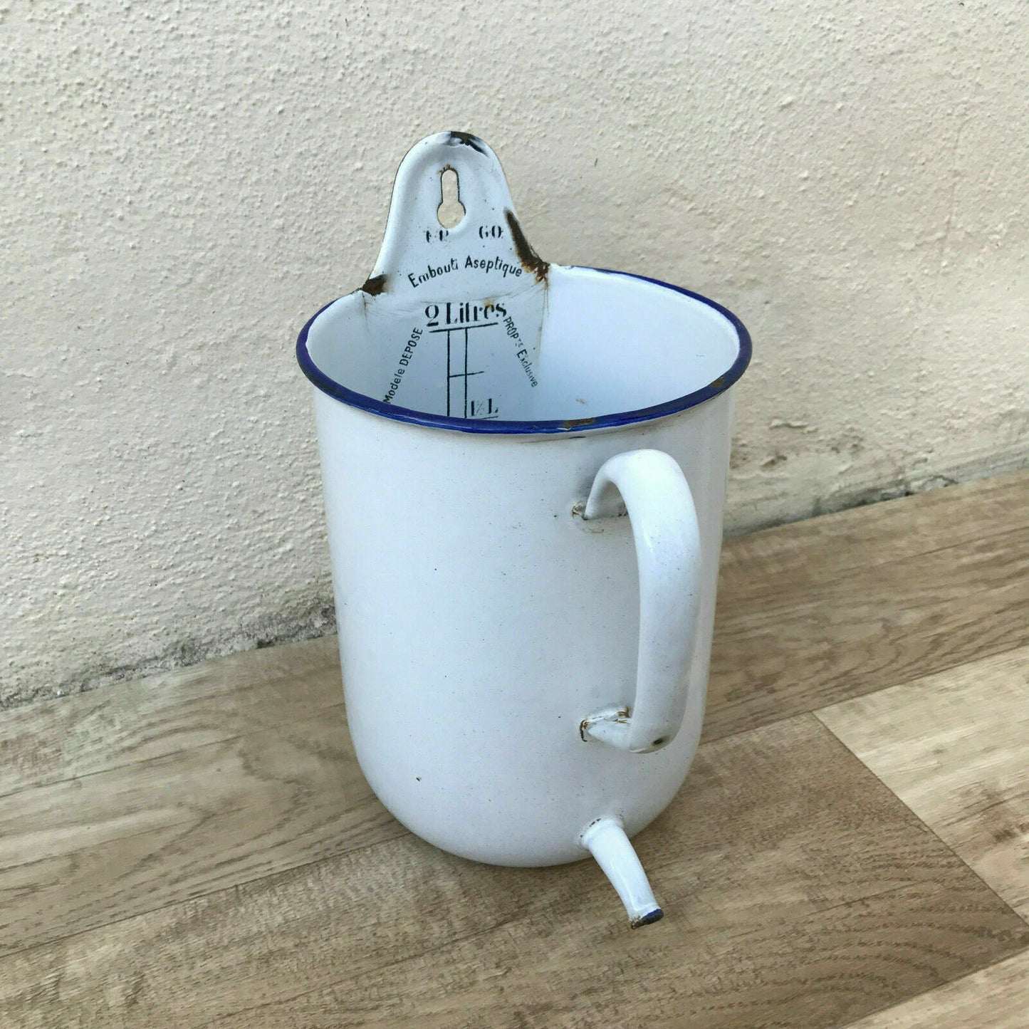Antique French Enamel Irrigator Medical White Blue Enamelware Douche 0912193 Fleamarketfrance