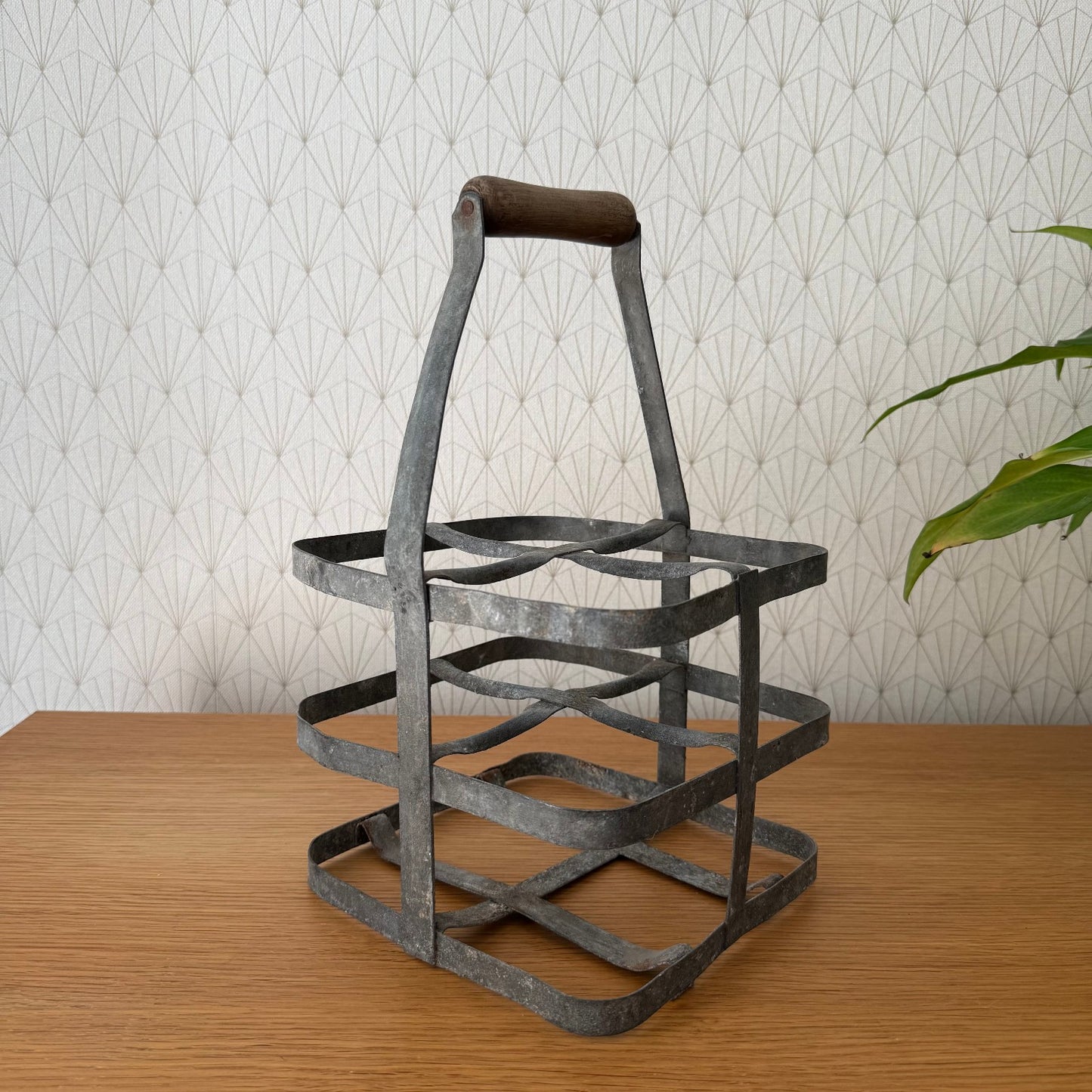 ANTIQUE VINTAGE FRENCH Handmade Metal 4 zinc Bottle Wine Carrier Basket 08072512