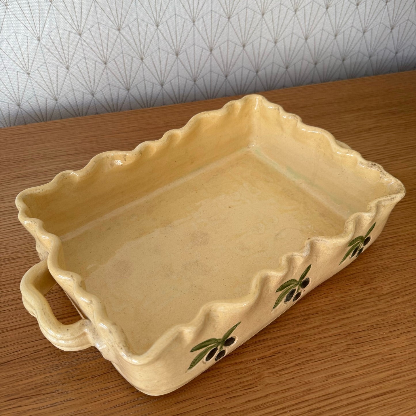French Pottery Gratin Dish Yellow Olive Pattern Vintage Bakeware 0911246 Unbranded