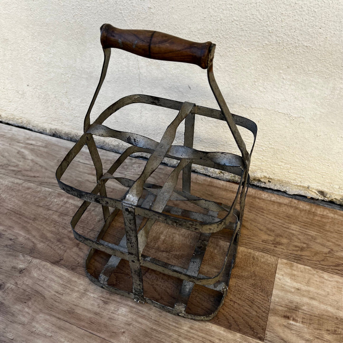 ANTIQUE VINTAGE FRENCH Handmade Metal 4 zinc Bottle Wine Carrier Basket 10122212 french