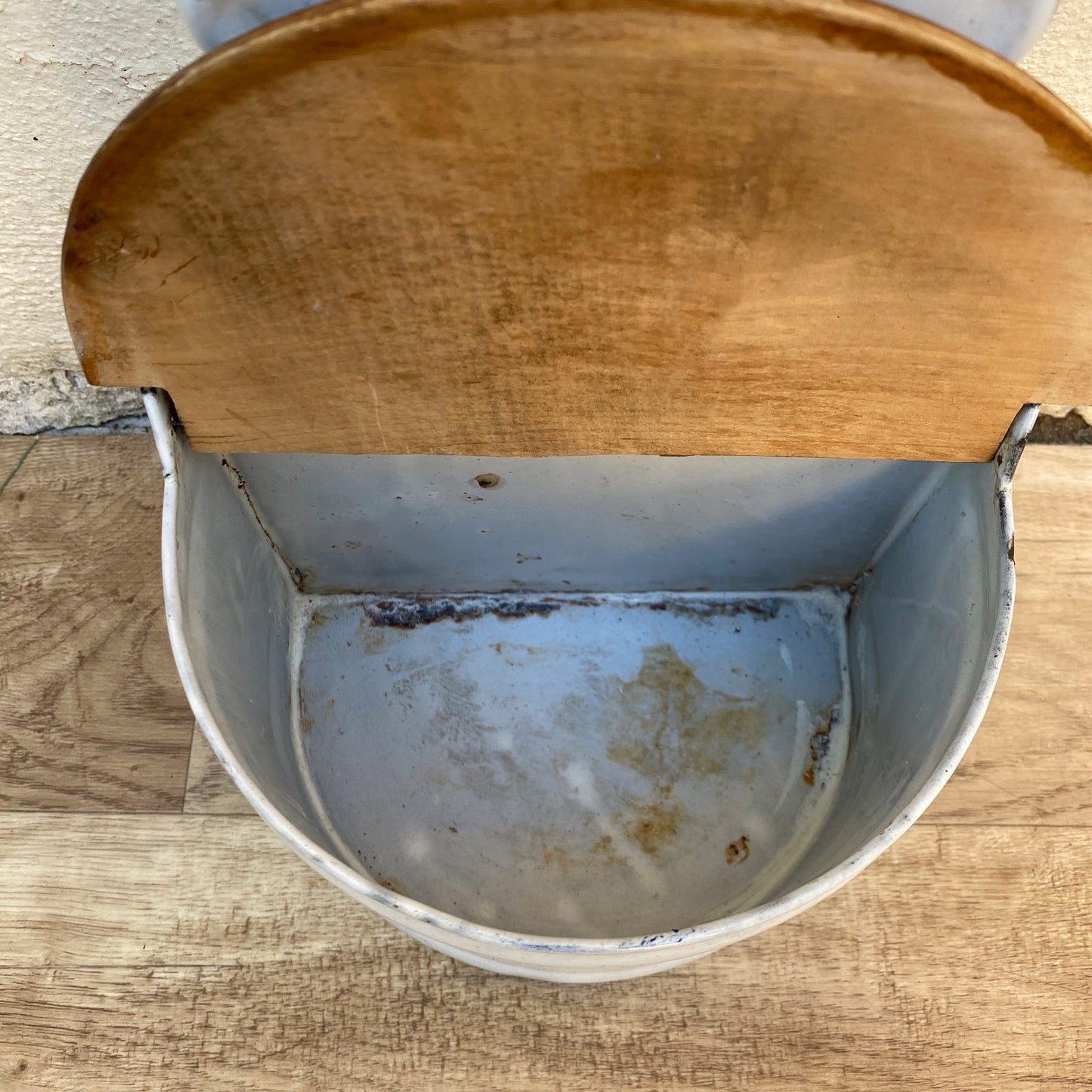 French Enamel Wall Mount Salt Box Container With Wood Lid 04072620 Unbranded