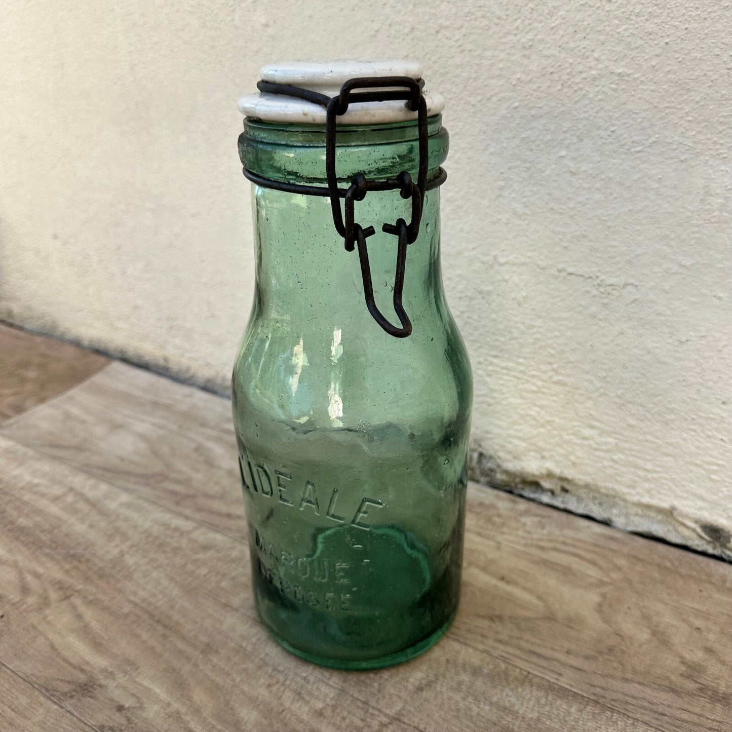 French L'Ideal Canning Jar Green Glass Porcelain Lid Vintage 10" 2206232 Fleamarketfrance