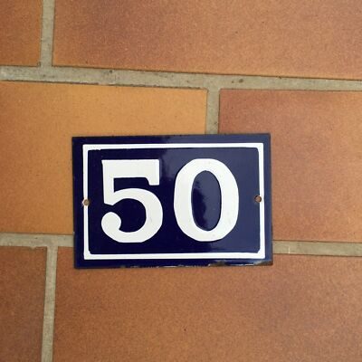 French municipal enamel house number sign showing numeral 50 in white on deep blue porcelain enamel with white border on steel base, 10x15cm