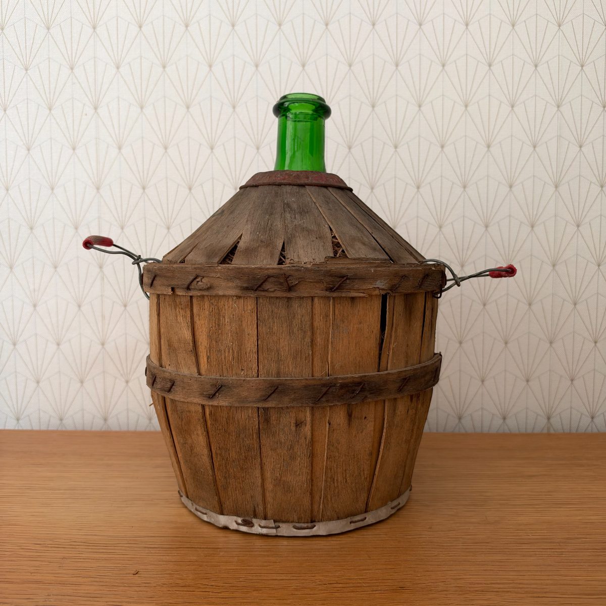 Antique French Demijohn Bonbonne Green Glass Wood Basket 20102622 Fleamarketfrance
