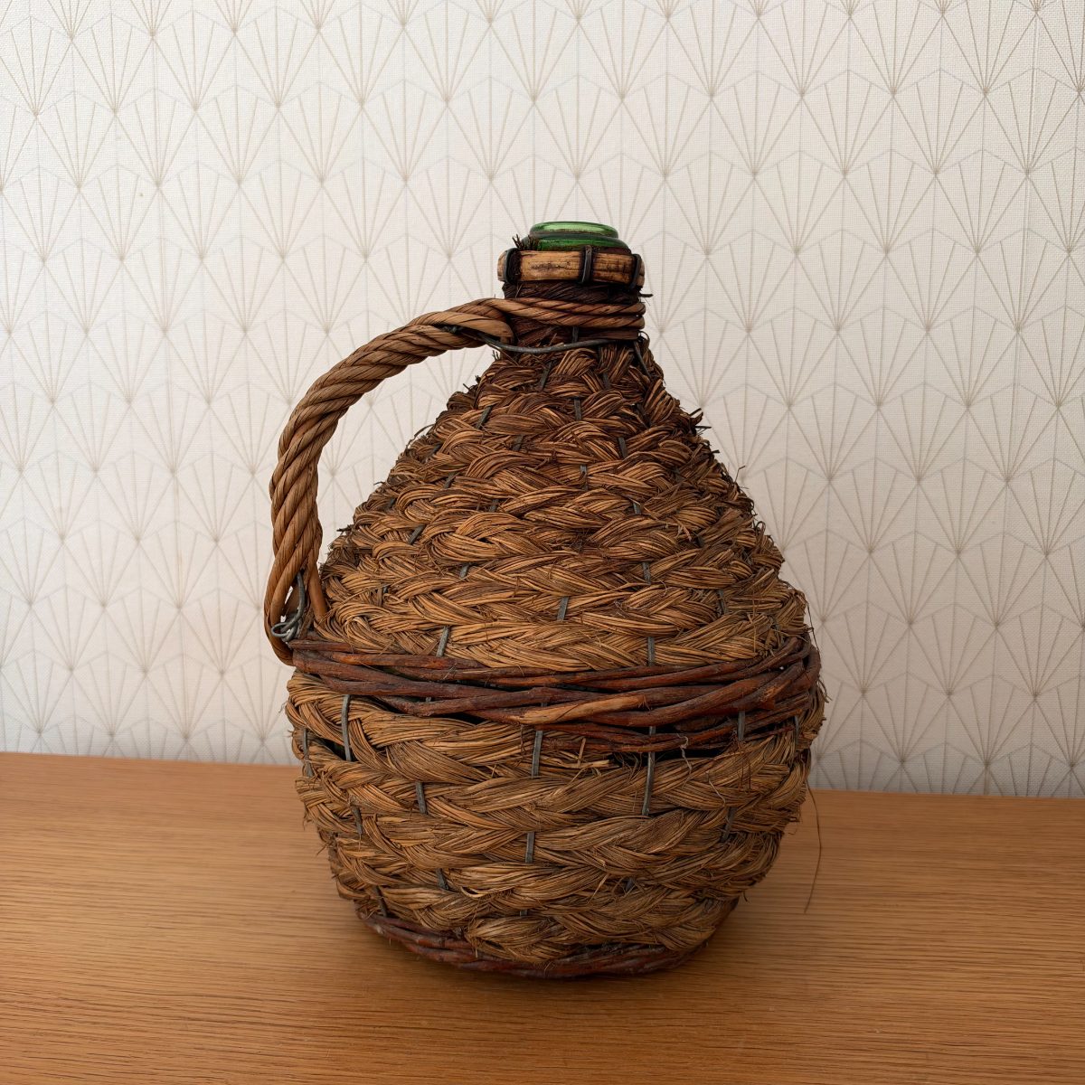 Antique French Wicker Demijohn Bottle Green Glass Rope Handle 20102621 Fleamarketfrance