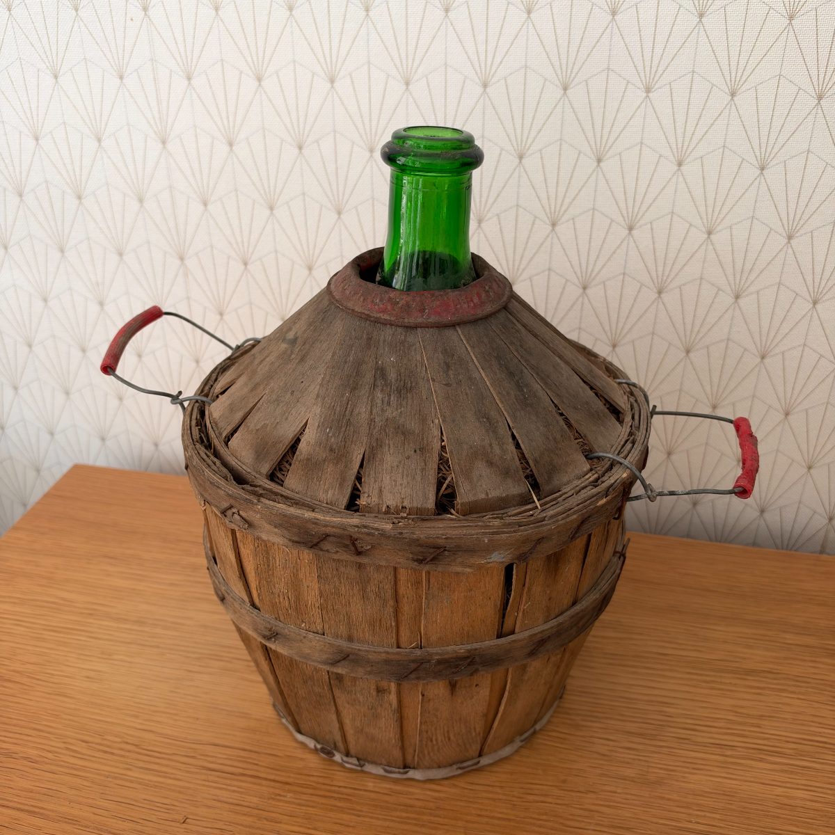 Antique French Demijohn Bonbonne Green Glass Wood Basket 20102622 Fleamarketfrance