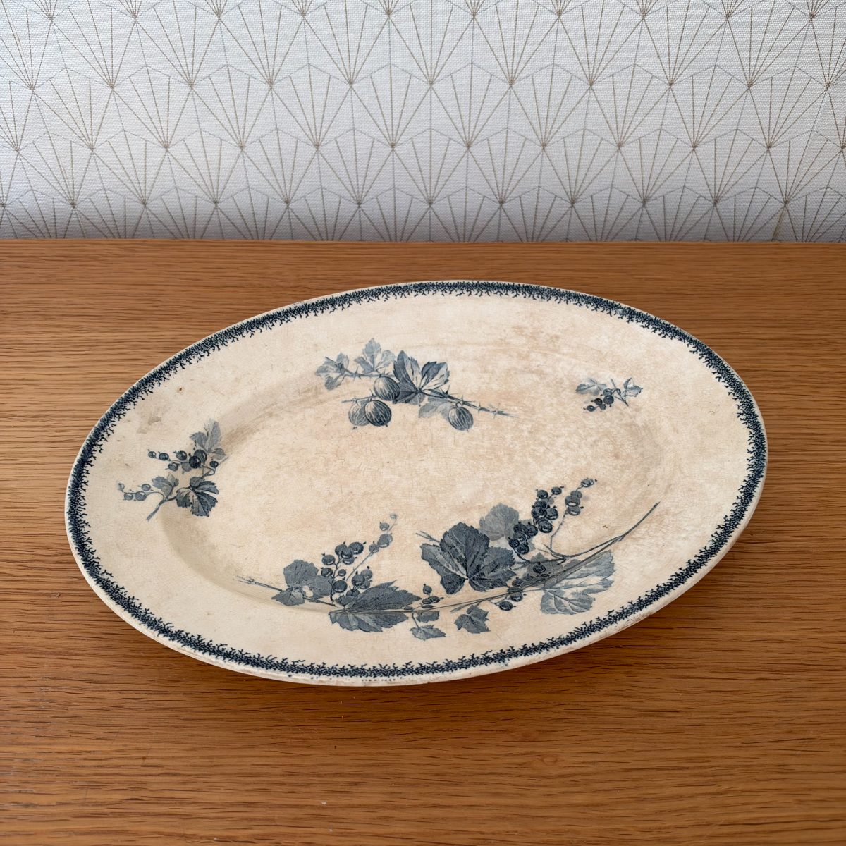 French Antique Transferware Platter Faience Oval Blue Berries 20102631 Fleamarketfrance