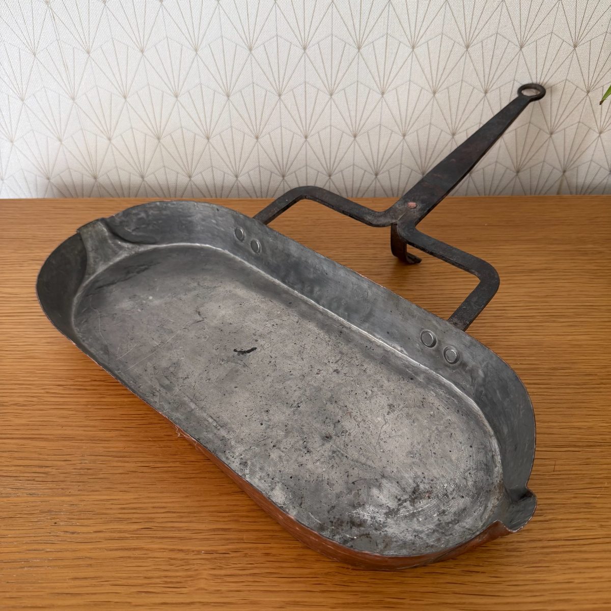Antique French Copper Tin-Lined Fish Pan Iron Handle Leche Frite 1410266 Fleamarketfrance
