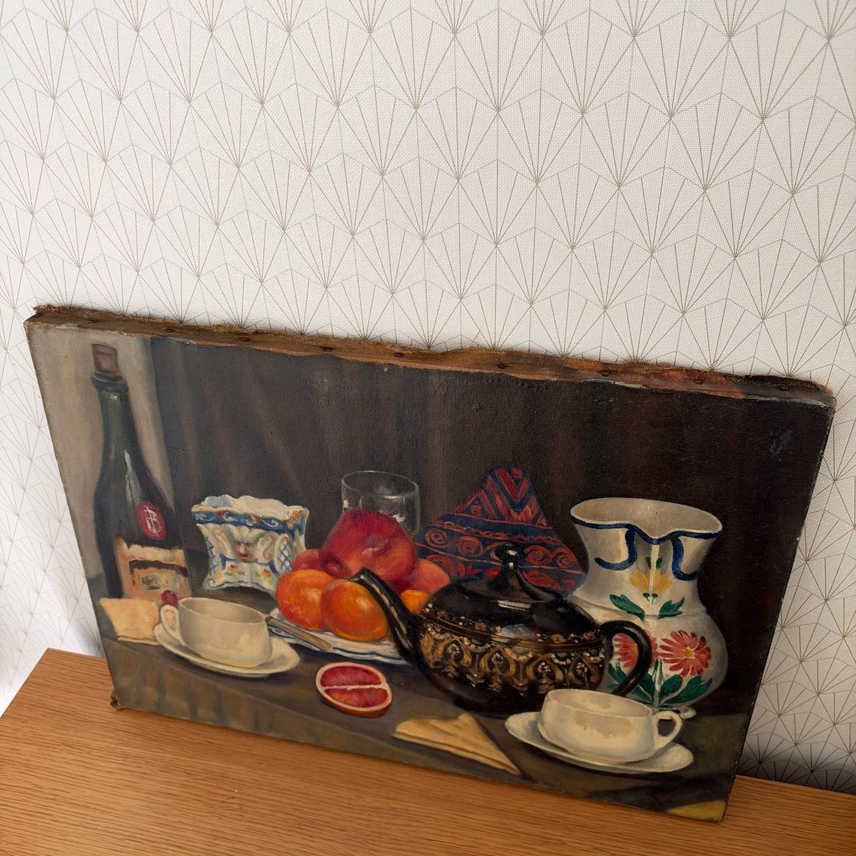 French Oil Painting Still Life Teapot Fruit Pitcher Vintage Canvas 2210265 Fleamarketfrance