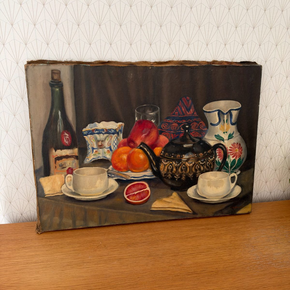 French Oil Painting Still Life Teapot Fruit Pitcher Vintage Canvas 2210265 Fleamarketfrance