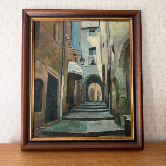 French Oil Painting Medieval Street Scene Signed Dorgendial Gard Village 0910262 Fleamarketfrance