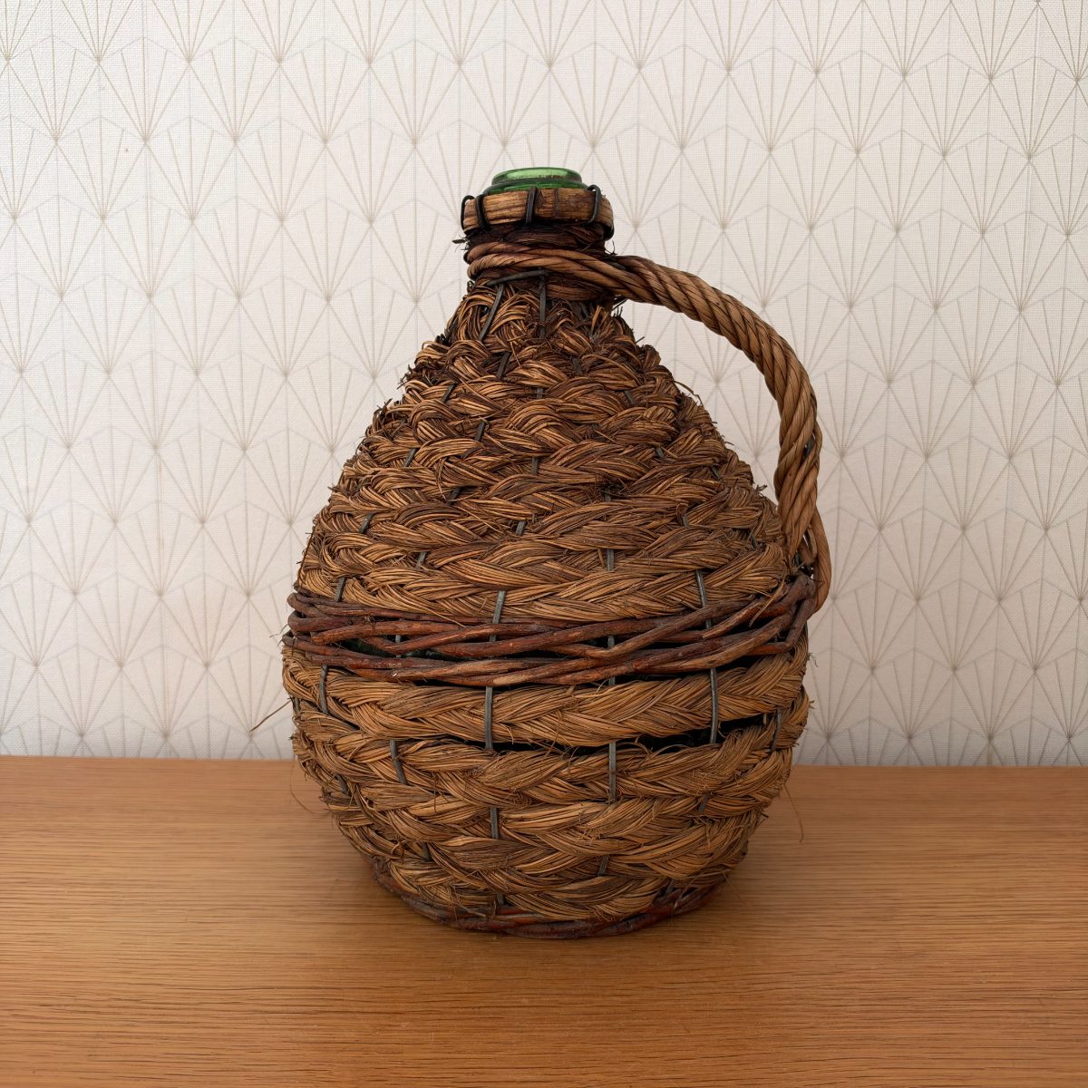 Antique French Wicker Demijohn Bottle Green Glass Rope Handle 20102621 Fleamarketfrance