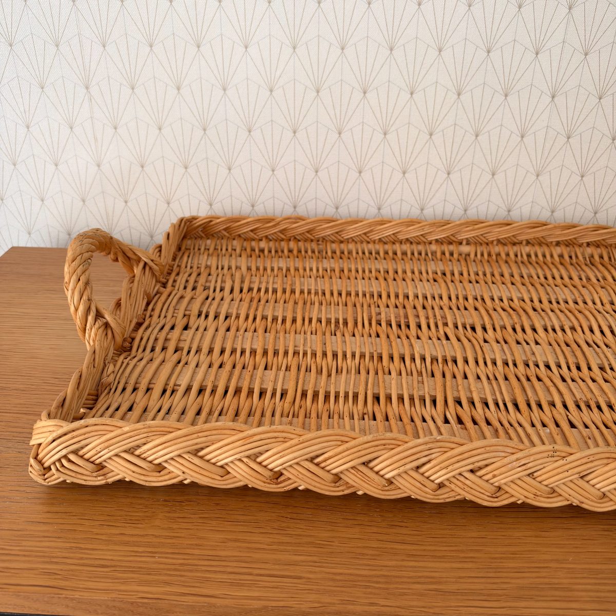 French Vintage Wicker Rattan Serving Tray Braided Handles Large 0710263 Fleamarketfrance