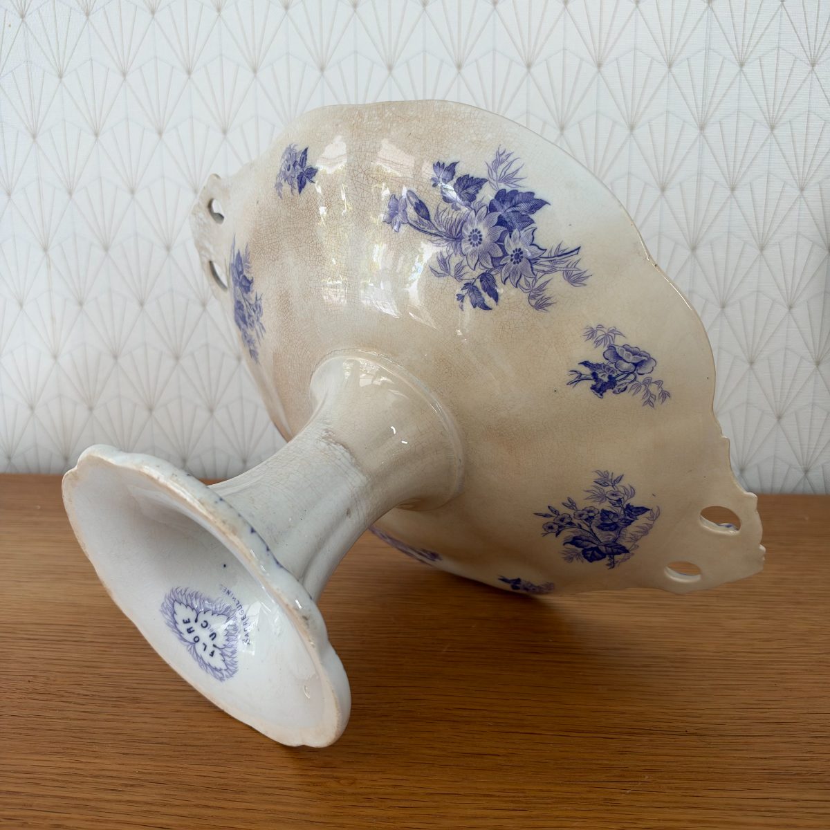French Antique Pedestal Cake Stand Blue White Transferware Faience 0710267 Fleamarketfrance