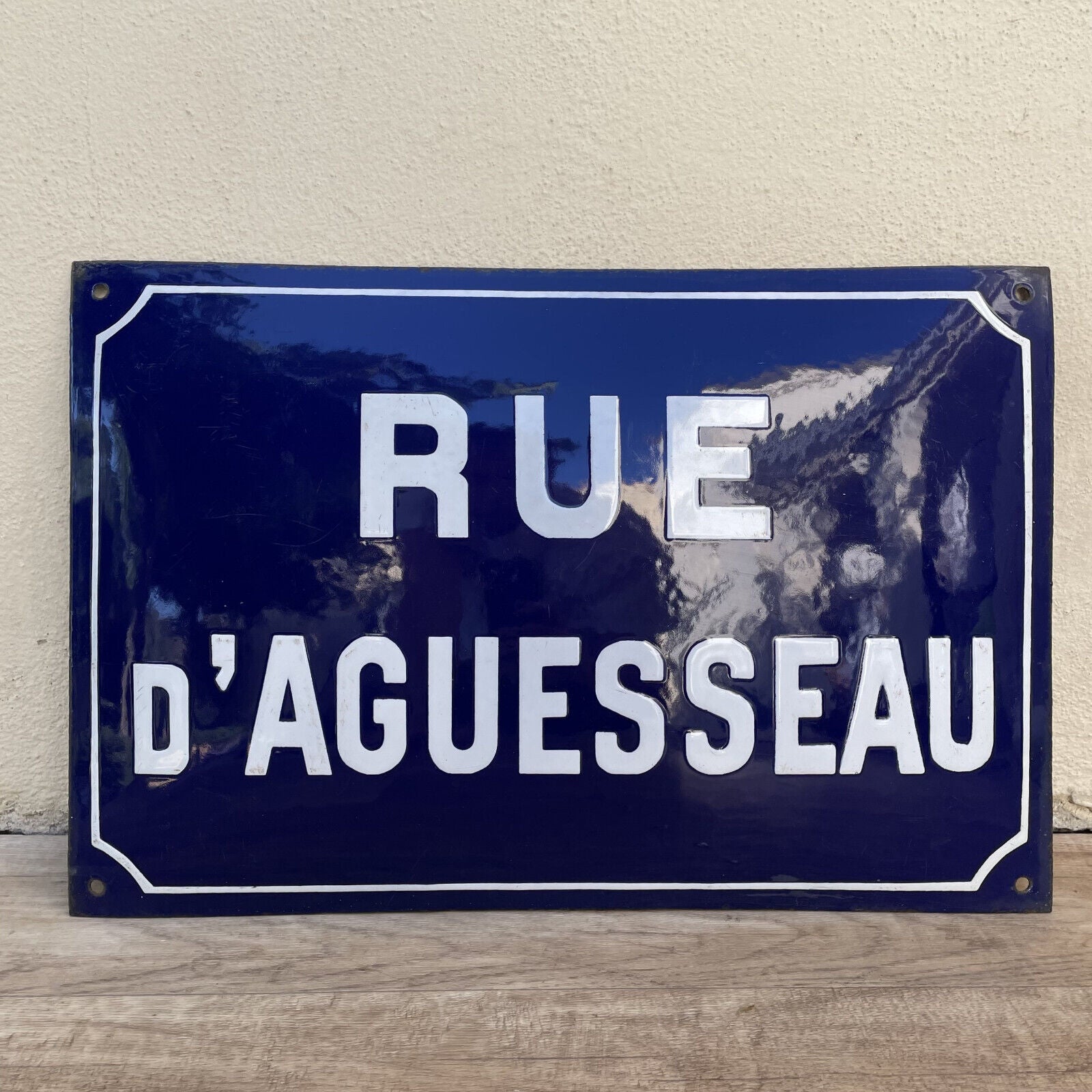 Old French Street Enameled Sign Plaque arched bombed - vintage AGUESSEAU 1501253 - Fleamarketfrance