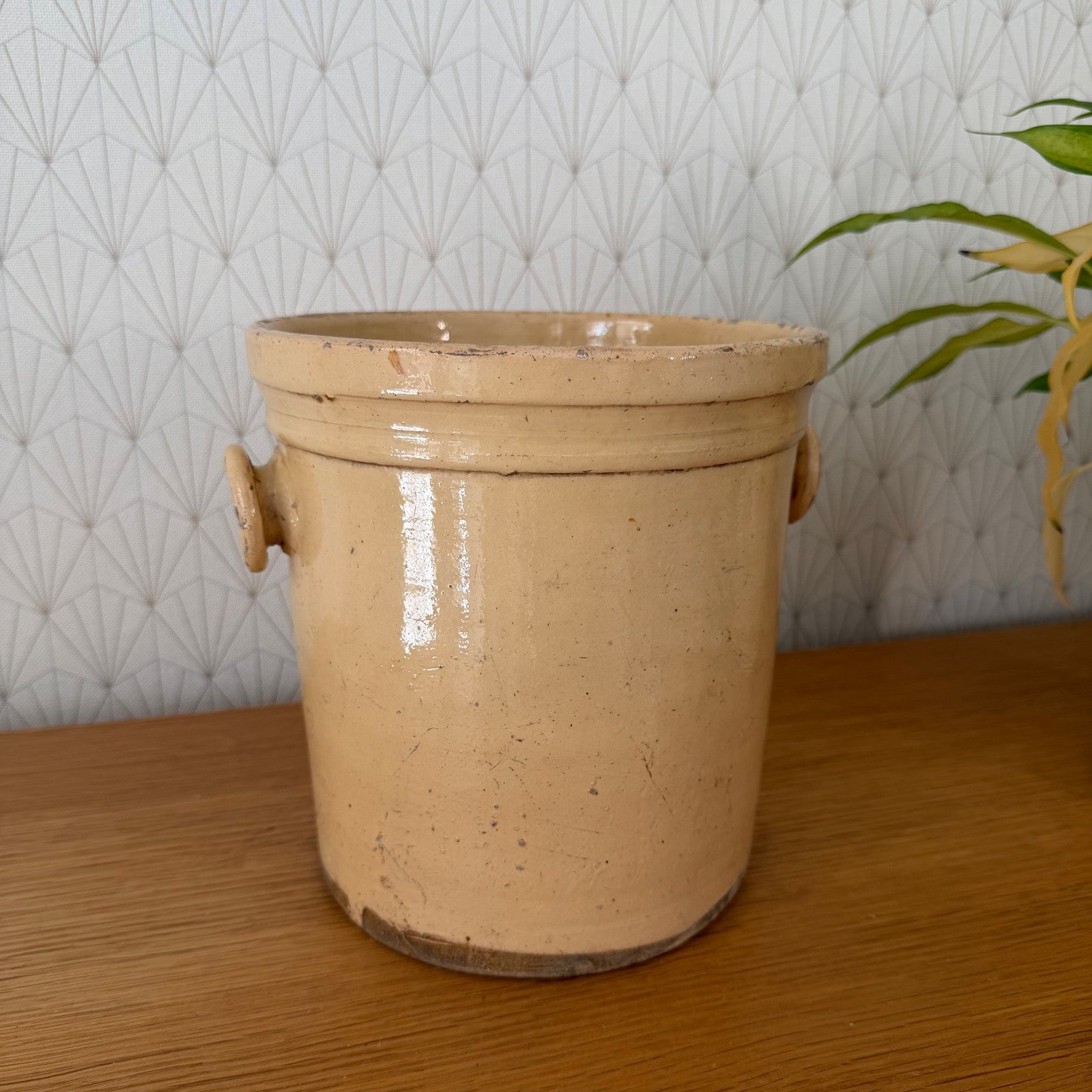 Antique French stoneware crock interior view showing glaze and wheel marks