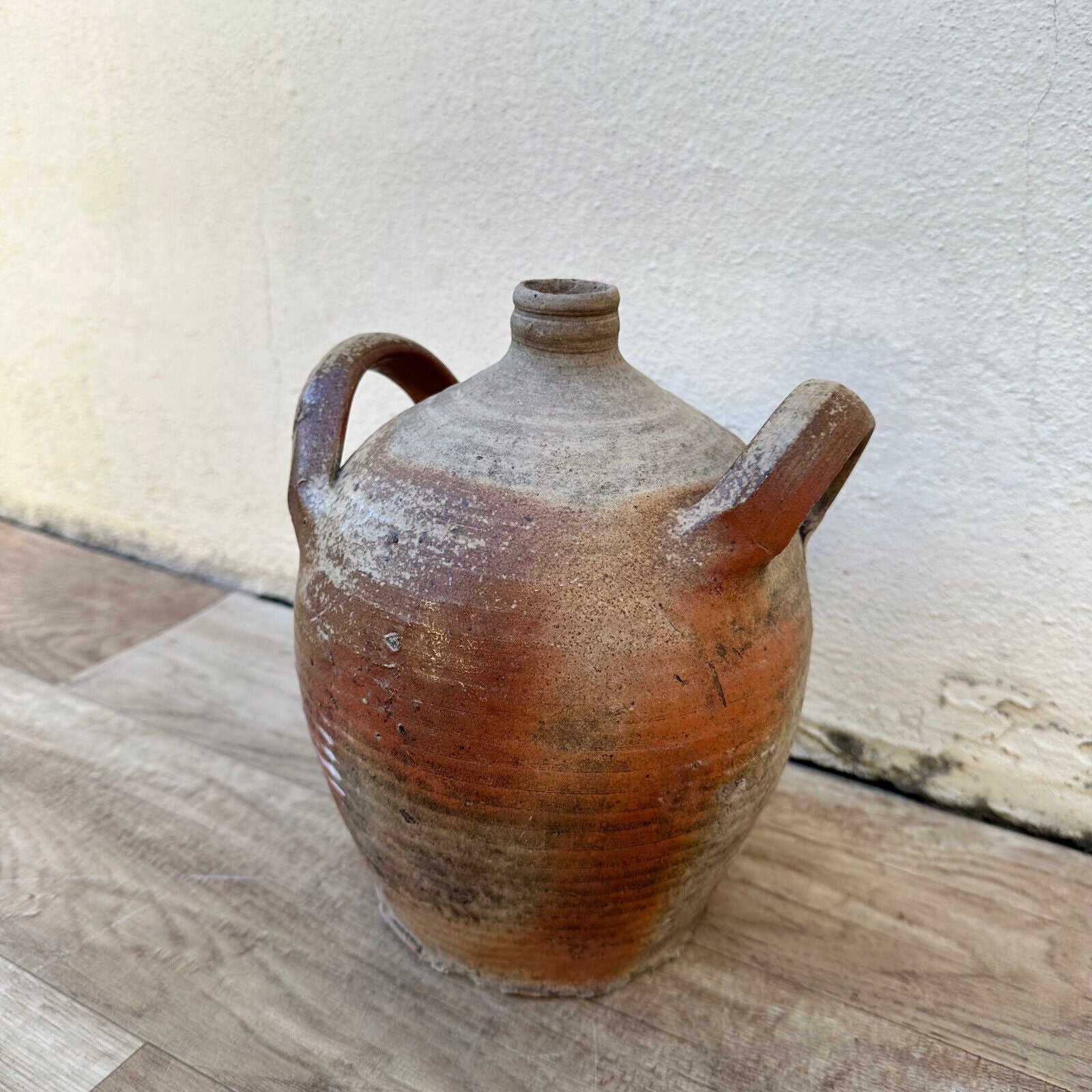 HANDMADE GLAZED BEIGE BROWN ANTIQUE FRENCH STONEWARE JUG AMPHORA 3011238 - Fleamarketfrance