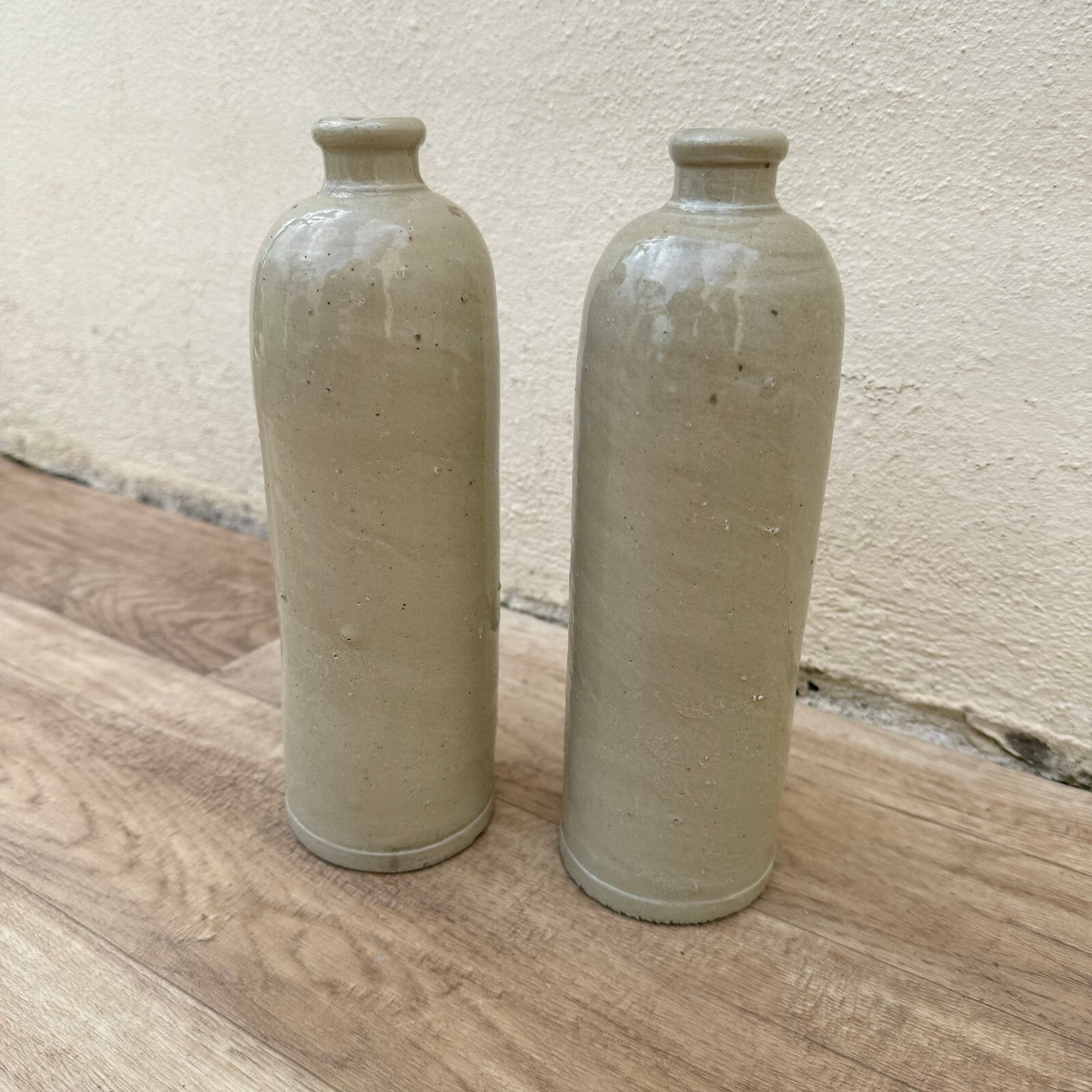 French Stoneware Bottles Vintage Ceramic Wine Storage Pair 29042411 Unmarked