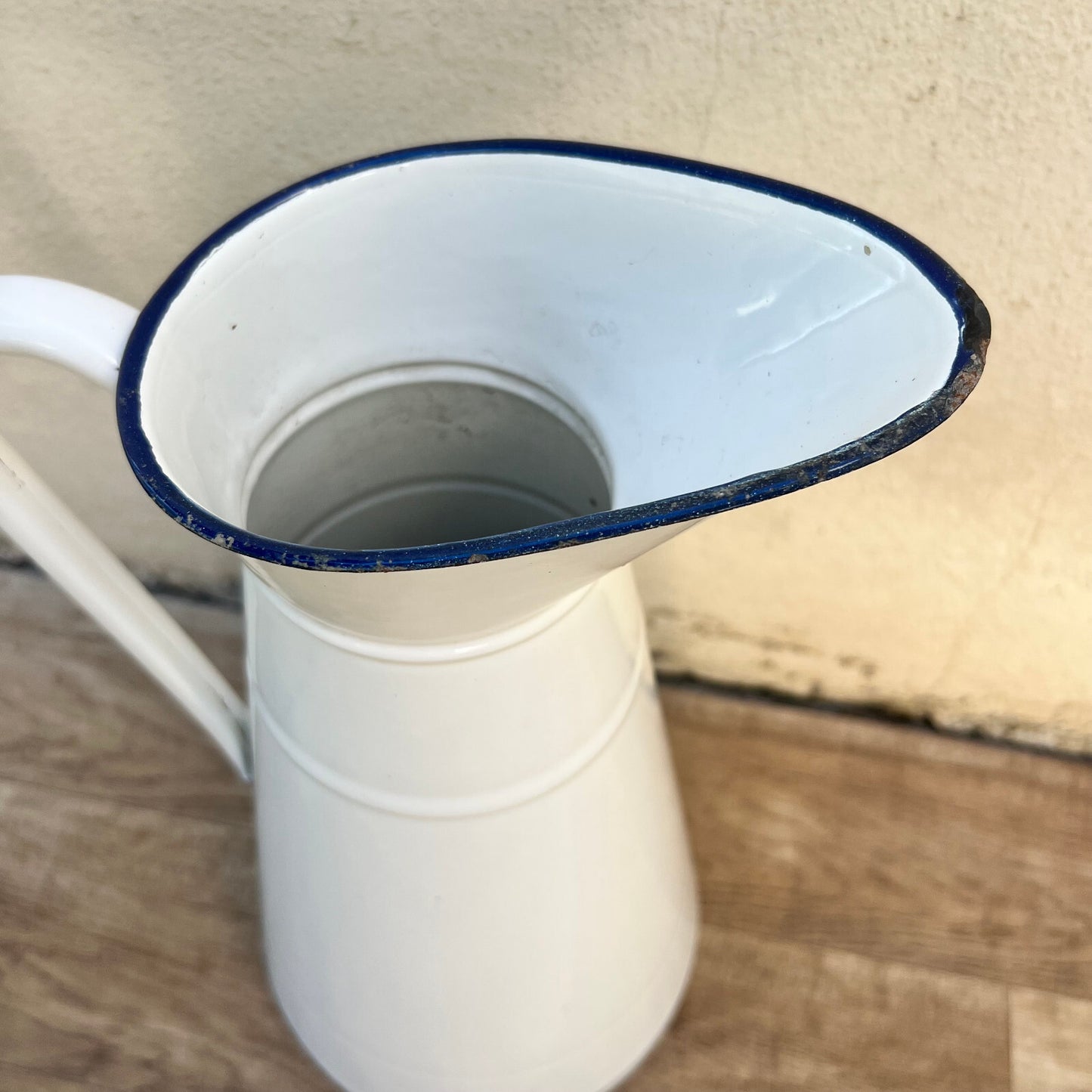 French Enamelware Pitcher White Blue Rim Antique Water Jug Vintage 1008223 Duralex