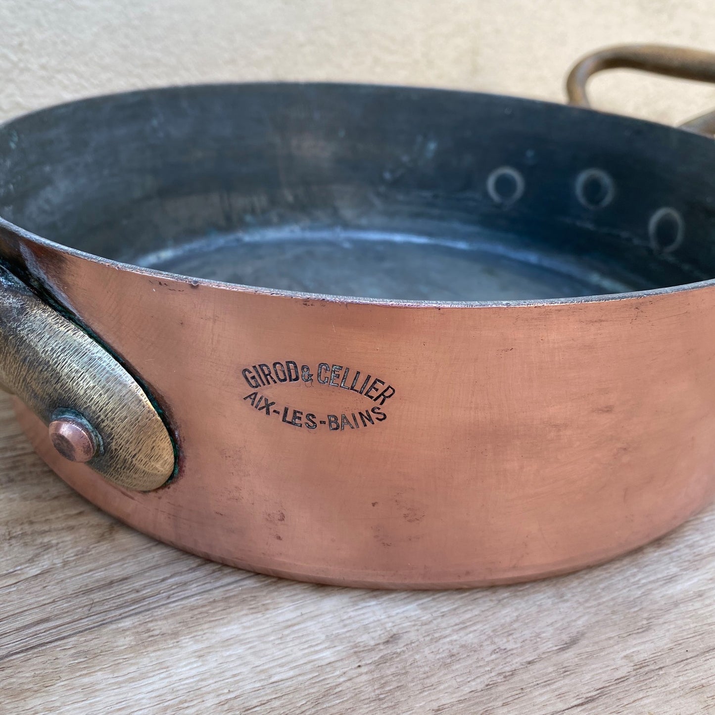 French Copper Gratin Pan Vintage Brass Handles Signed Girod Cellier 04072616