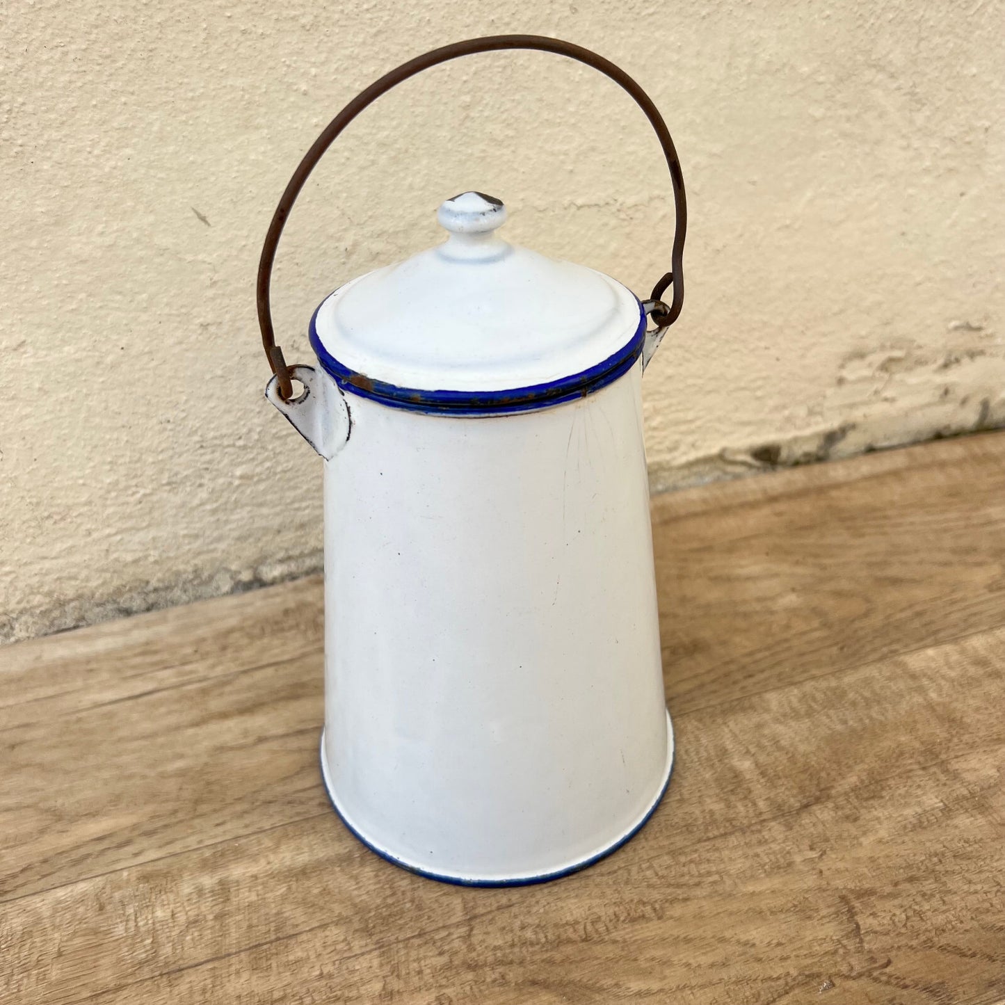 Vintage French Enamelware Coffee Pot White Blue Rim Wire Handle 3009223 Fleamarketfrance